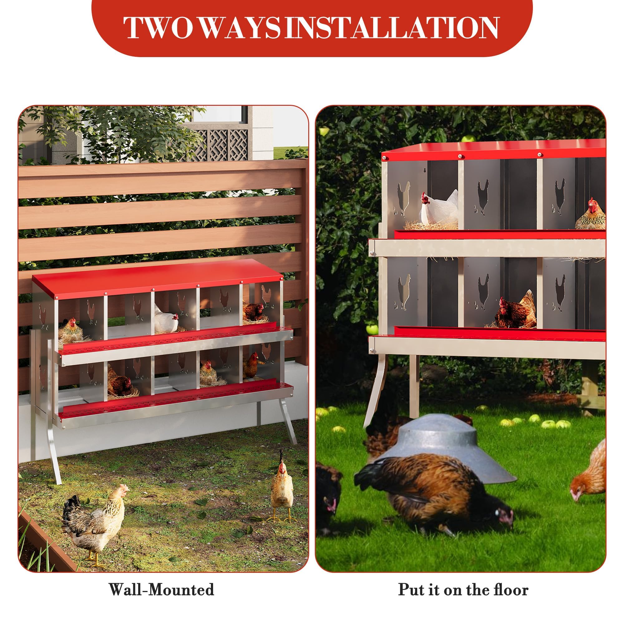 Garvee 10-Compartment Metal Chicken Nesting Box – Rustproof Roll-Away Egg Collection, Easy-Clean Ventilated Hen Coop Accessory, Secure Lid & Swing Perch, for Hens Ducks Poultry, Red, 10 Grids (Without Bracket)