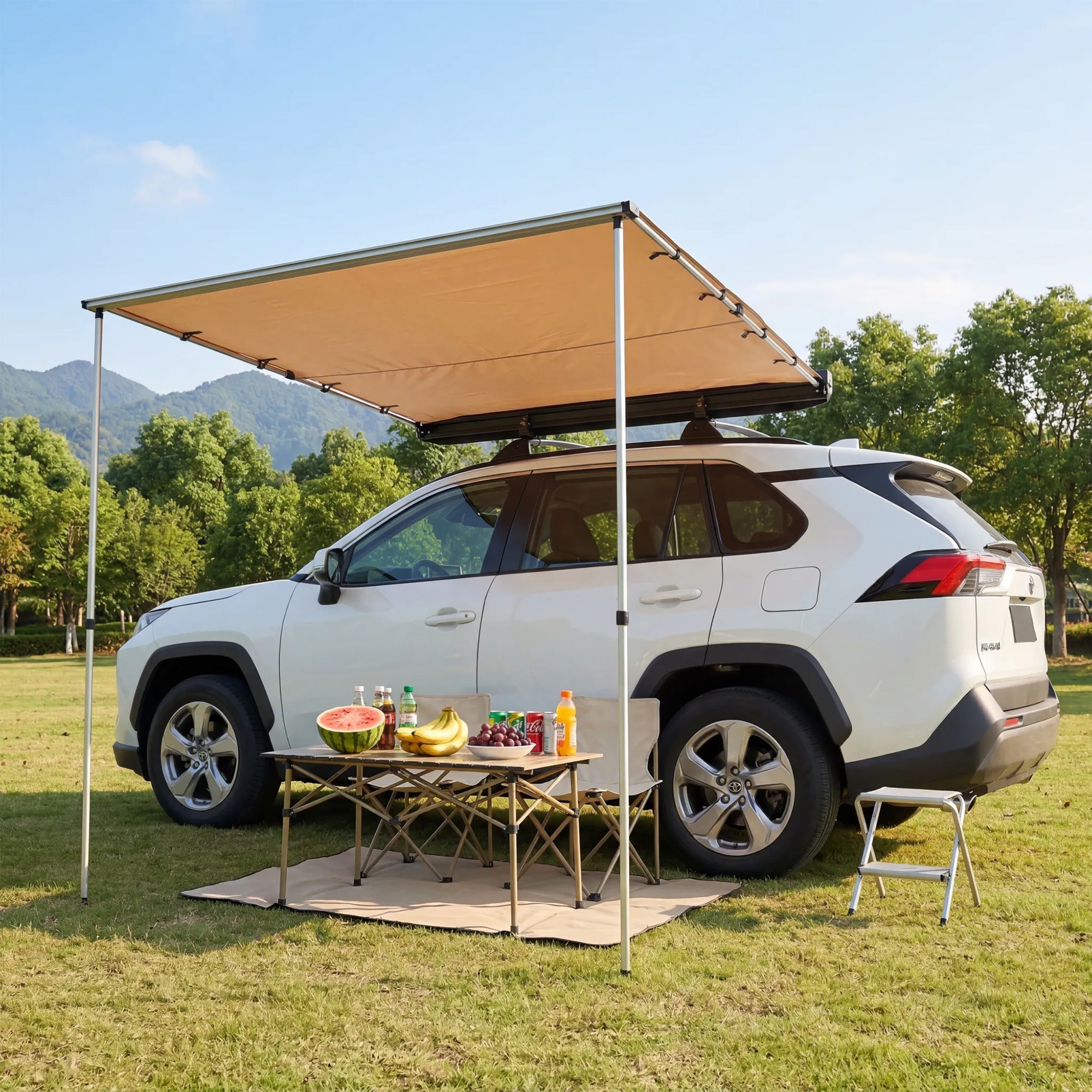 Garvee SUV Truck Van Roof Rack Awning - Retractable Side Sun Shade, UV50+ 600D Oxford Waterproof Canopy, Height Adjustable Poles, Outdoor Camping Shelter with Storage Bag, 150x200cm, Khaki