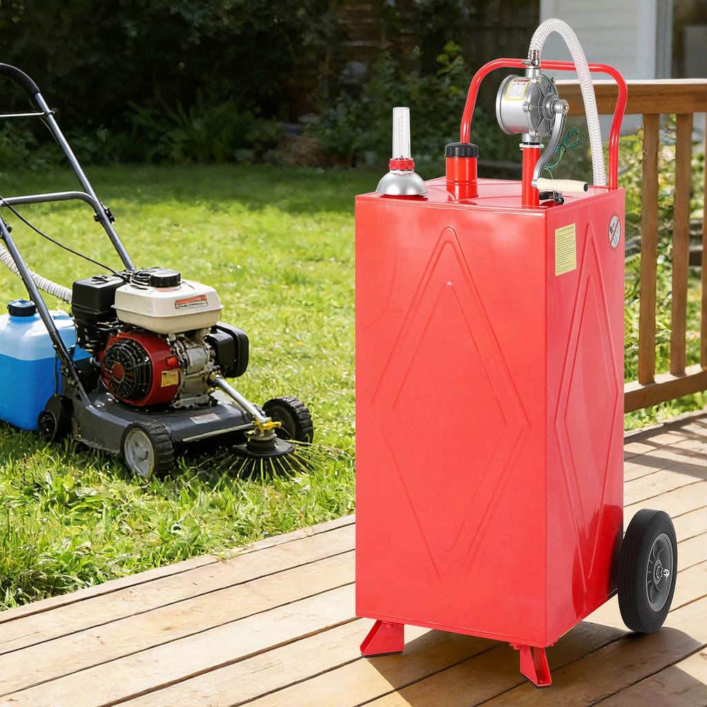 Garvee 35 Gallon Portable Fuel Gas Caddy Storage Tank – Manual Rotary Hand Pump, Fuel Hose, Wide Fill Neck, Level Gauge, Vented Cap, Grounding Clamp, Rolling Wheels – Gasoline/Fuel Transfer Tank for ATV, Tractor, Lawn Mower, Car, Boat – Reinforced 2-wheel