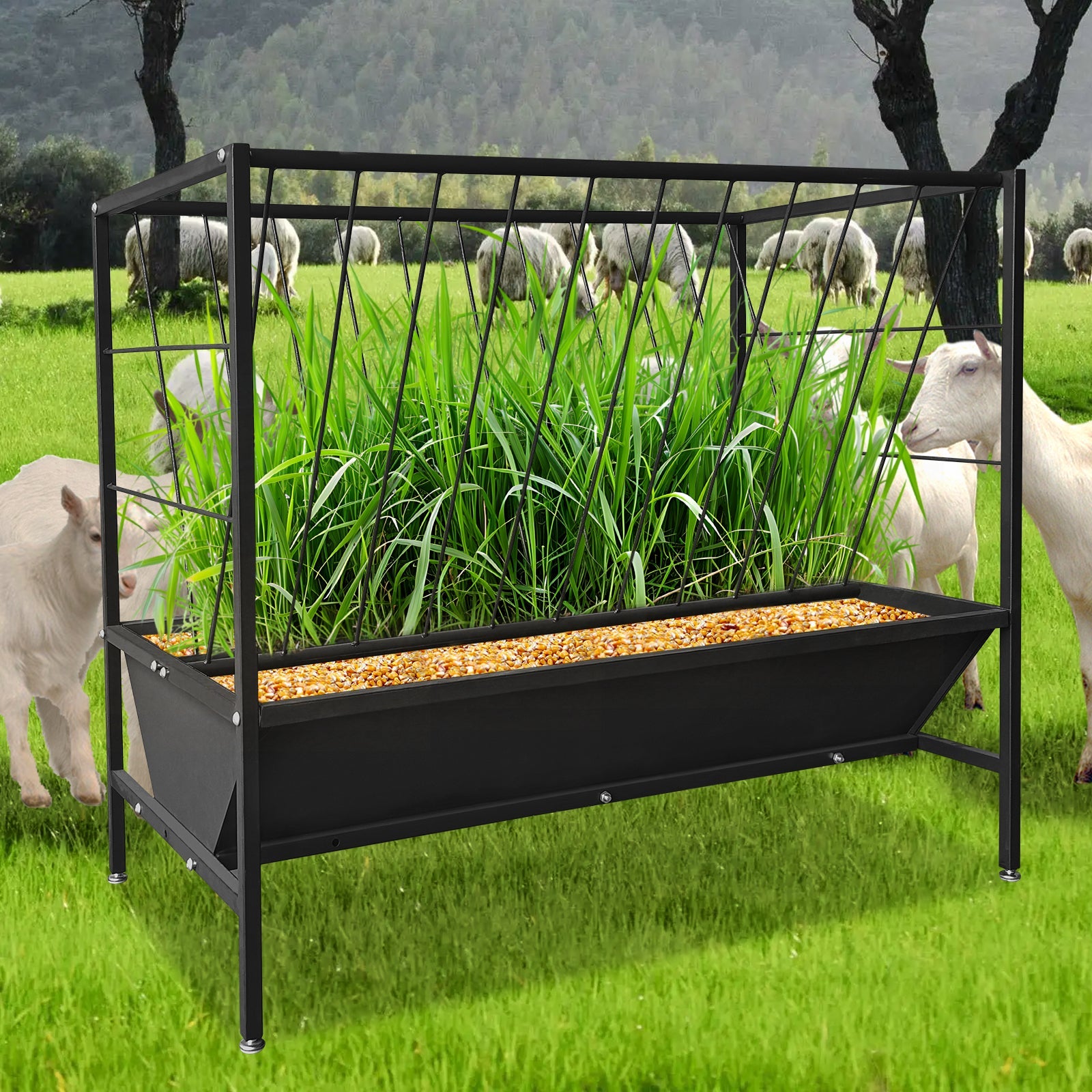 Garvee Heavy Duty 2-in-1 Livestock Hay and Grain Feeder Set – Durable Steel Multi-Sided Trough, 45 Gallon Hay Rack with 24 Gallon Feed Pan – Large Capacity, Weather-Resistant for Goats, Sheep, Horses, Cows, Calves – Ideal for Pasture or Stable – 45+25