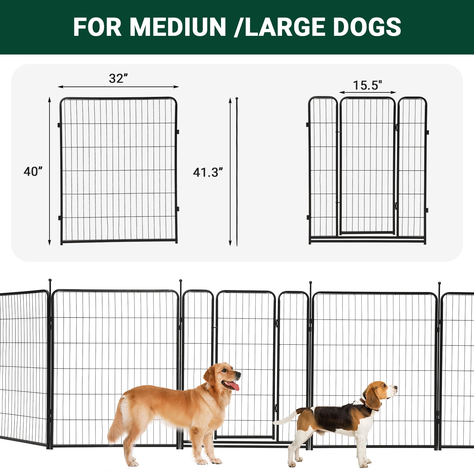 Garvee Dog Playpen, 8 Panels Dog Fence Indoor/Outdoor, Heavy Duty Metal Pet Puppy Exercise Pen, Wide Door Low Threshold, Portable Pet Playpen for Rv Camping Garden Yard, 32"Lx40"H/Panel