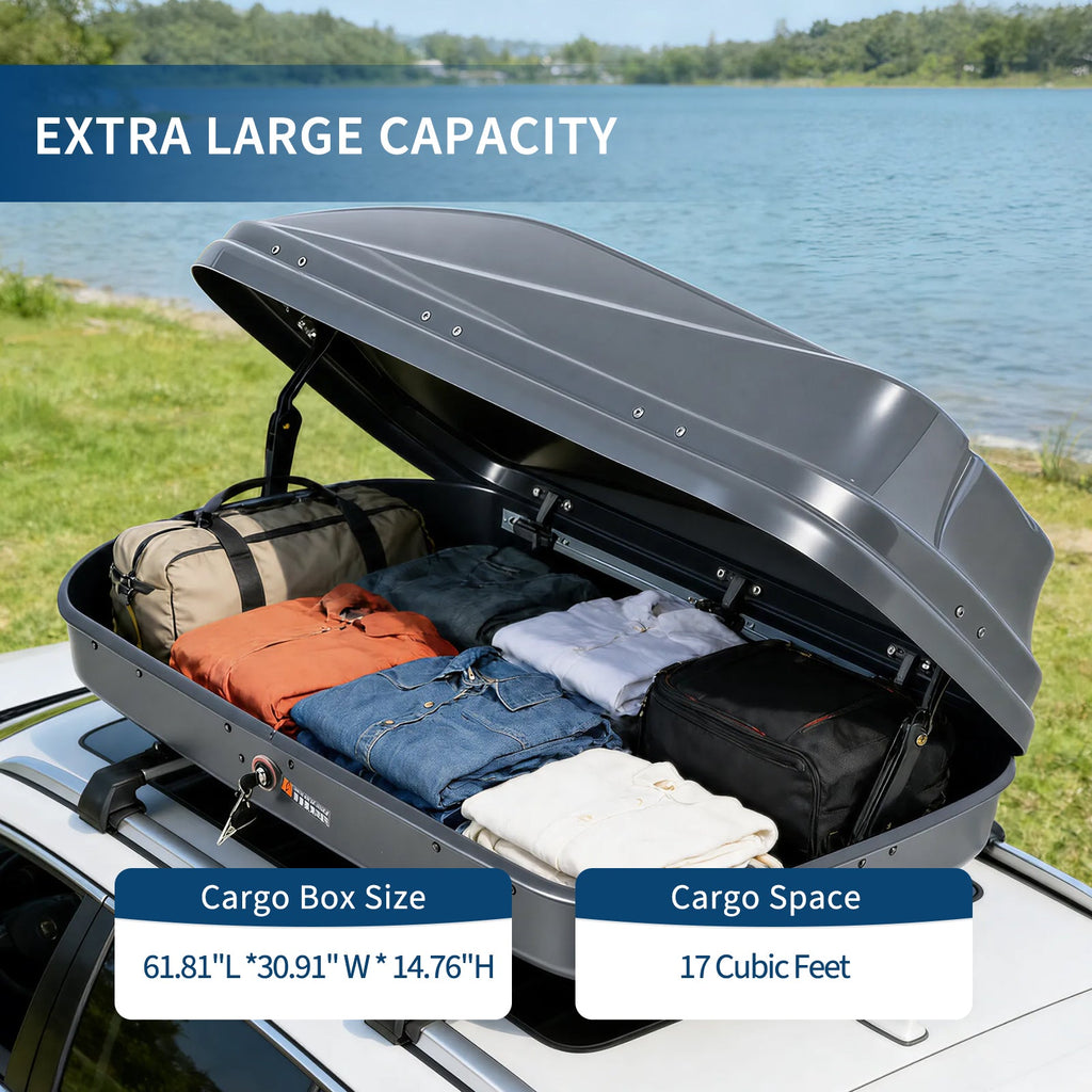 Garvee Durable Hard Shell Rooftop Cargo Box for Cars & SUVs – 17 Cu Ft, Dual-Side Opening, Waterproof ABS, global Fit, 165 lbs Capacity, Secure Straps & Keys – Gray – Color: Gray, Specs: 17 cu ft hard shell rooftop cargo box, double-sided opening, global