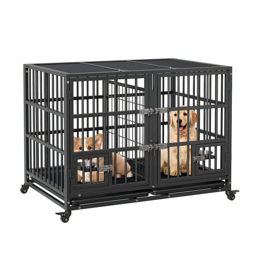 Garvee Heavy Duty Sliding Rail Dog Crate, 42 Inch Dog Crate with Double Door, 360° Lockable Wheels and Removable Tray, Easy to Assembly, Indoor Outdoor Dog Kennel for Small to Large Dogs