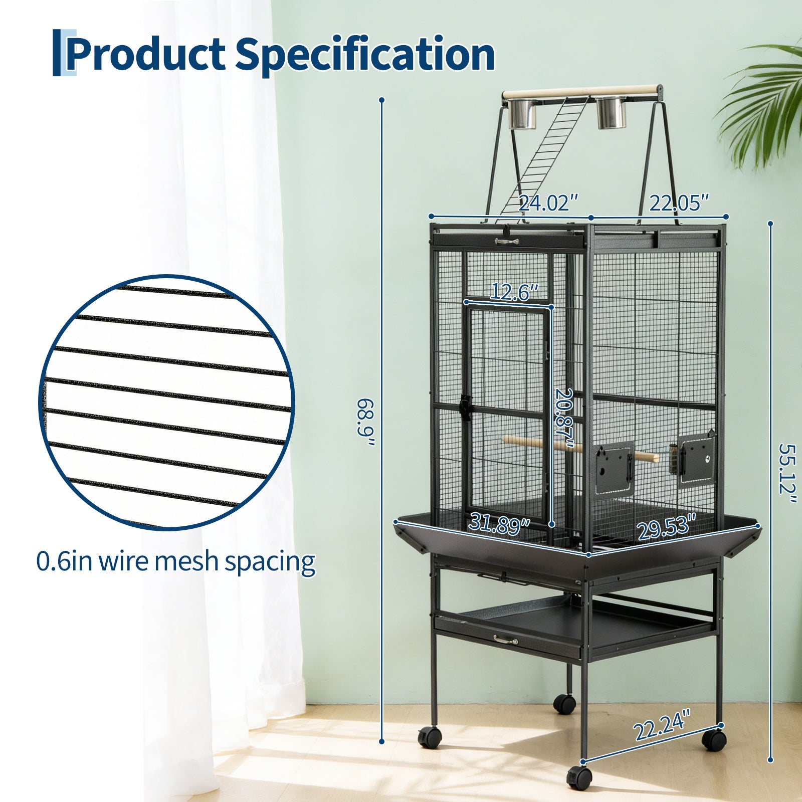 Garvee 60"h Large Bird Cage, Rolling Play Top Parakeet Cage, Big Bird Cages for Parrots, Parakeets, Cockatiels, Conures, Budgie, Lovebird