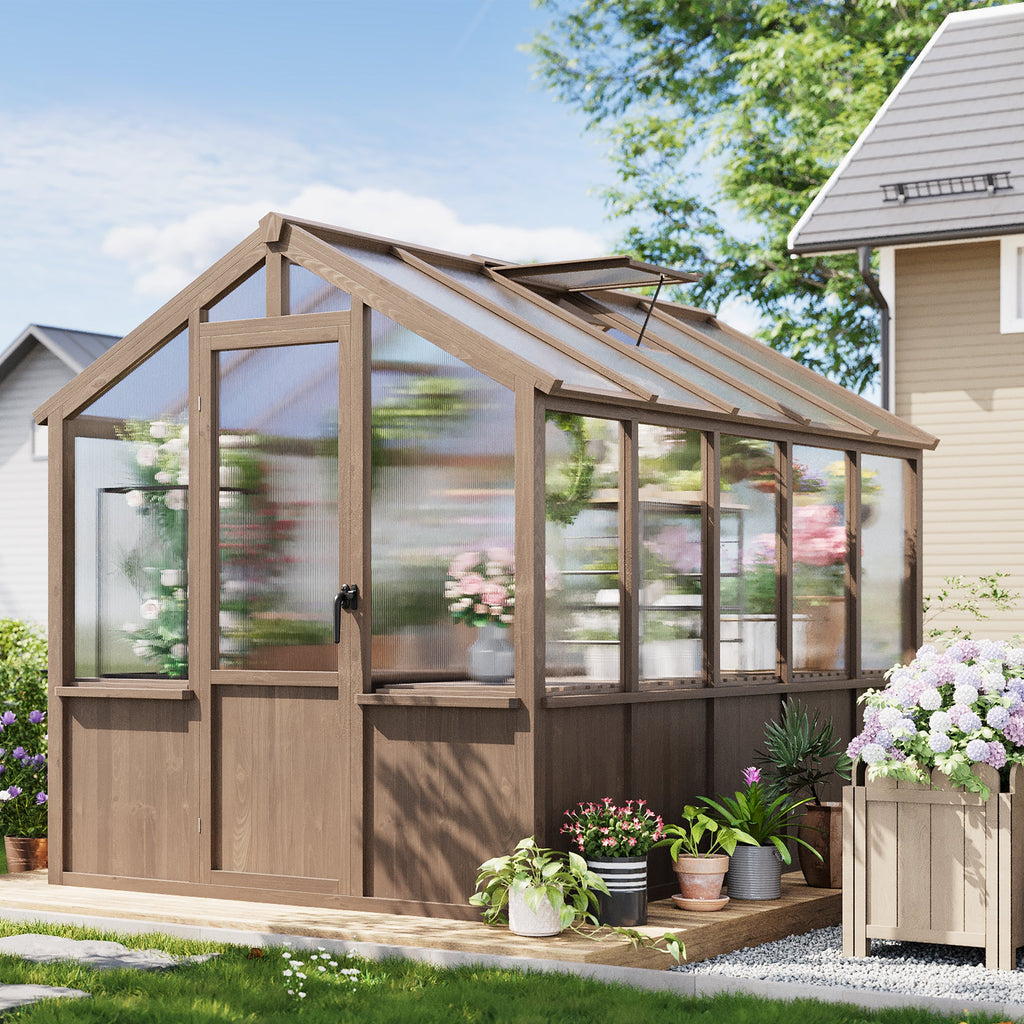 Garvee 6x10 Walk-In Wooden Greenhouse, Heavy Duty Spruce Frame with Polycarbonate Panels, Adjustable Roof Vents & Lockable Door, Outdoor Garden Greenhouse for Backyard, Patio and Lawn, Vintage Color