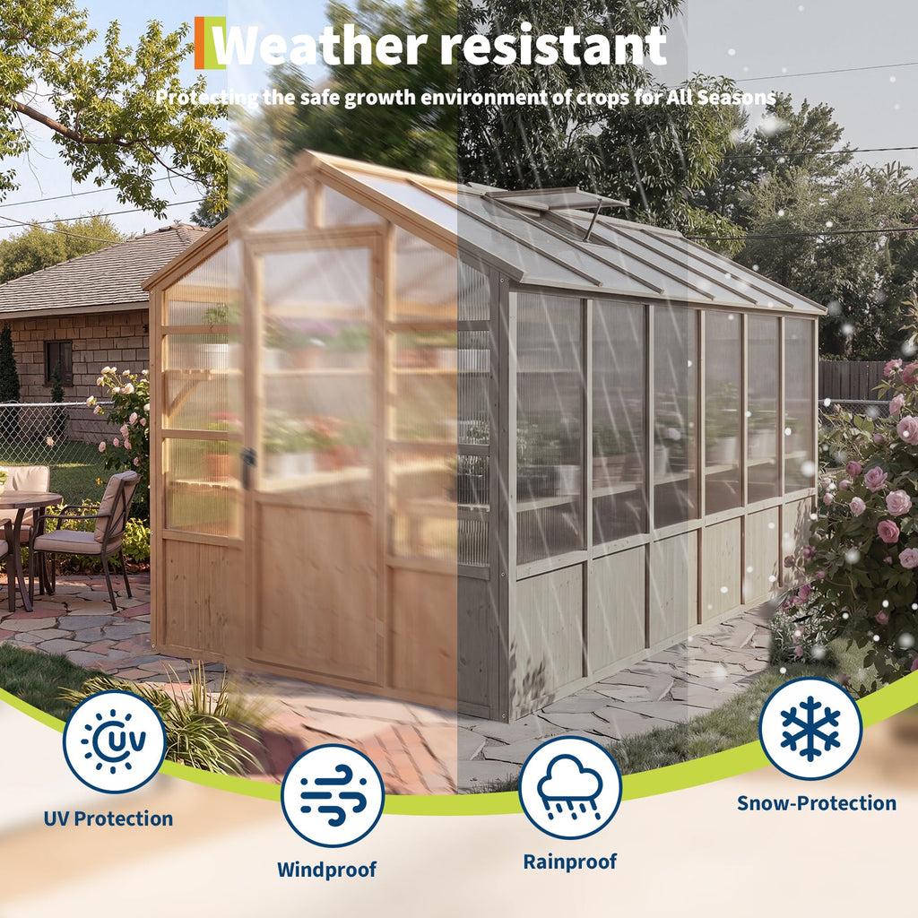 Garvee 6' x 12' Wooden Walk-In Greenhouse Kit, Outdoor Green House with Natural Spruce Wood Frame, Polycarbonate Panels, Ventilated Windows & Lockable Door for Garden, Backyard, Patio & Lawn