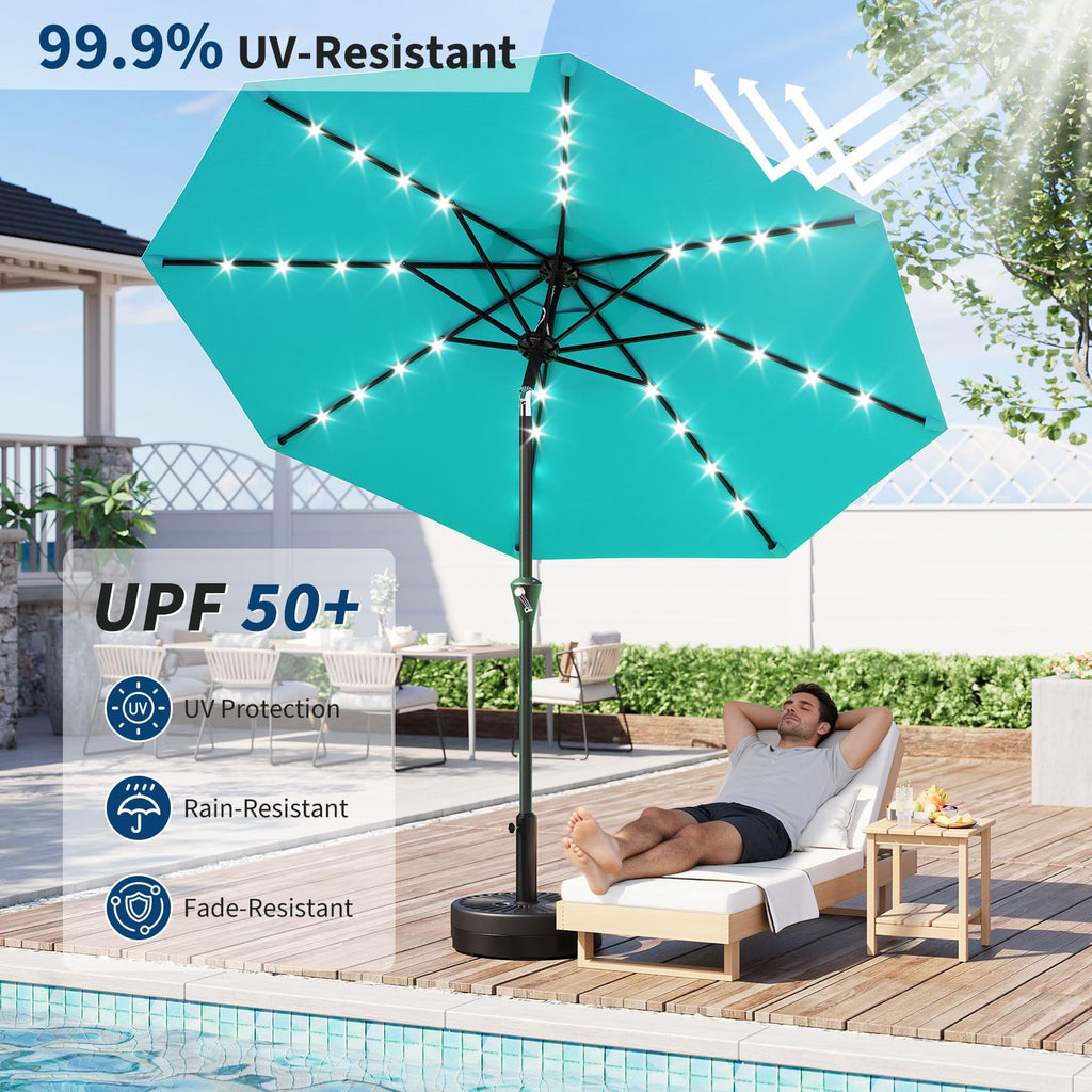 Garvee 10 ft Solar Patio Umbrella with 32 LED Lights, Outdoor Market Umbrella with Crank Lift & Tilt, UV-Resistant Canopy for Pool, Garden & Backyard, Sky Blue