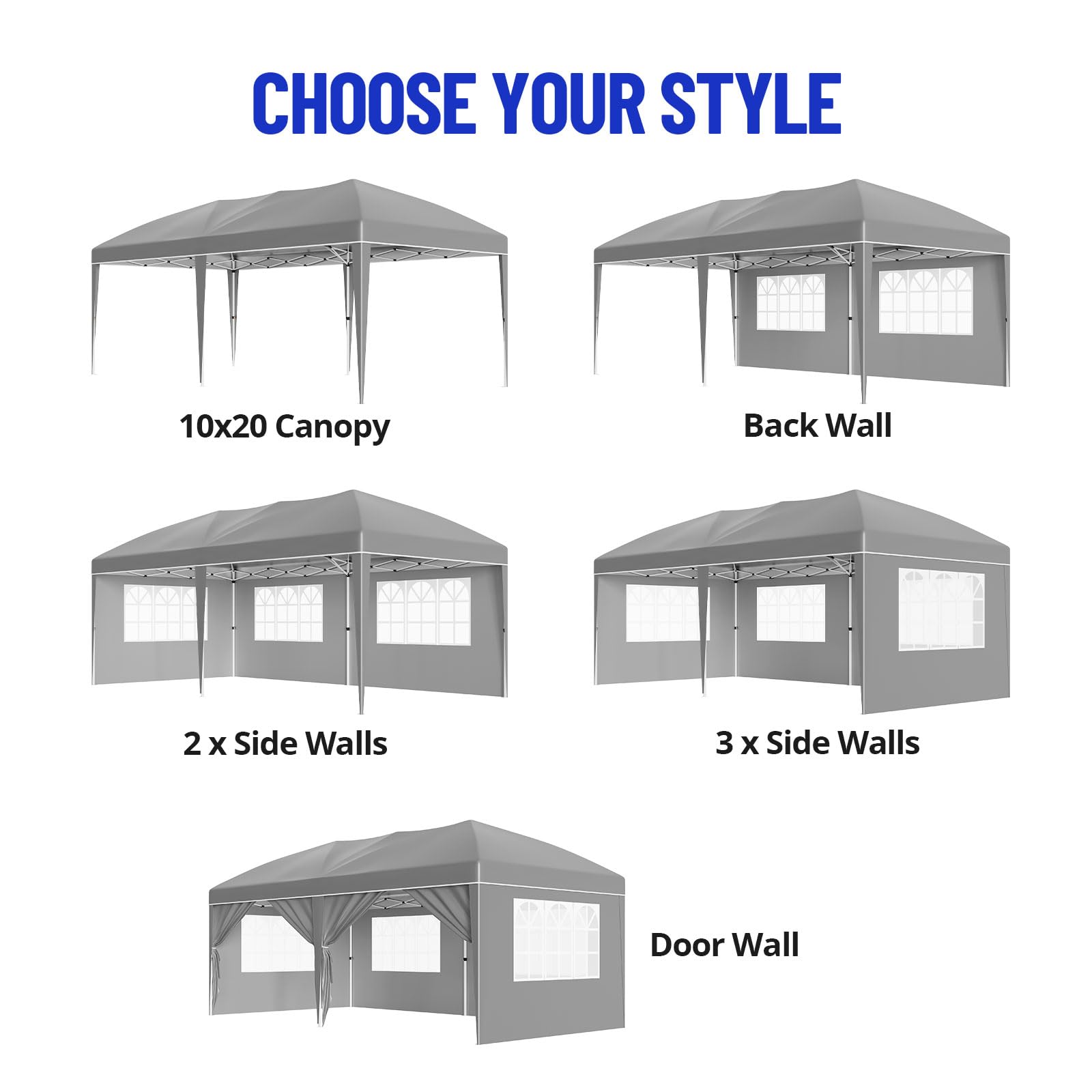 Garvee Gray 10' x 20' Pop Up Canopy Tent, Heavy Duty Waterproof Event Shelter with 6 Sidewalls, UPF 50+ Oxford Fabric, Adjustable Height & Wheeled Bag