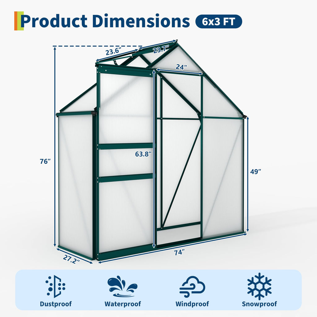 Garvee 6 × 3 FT Polycarbonate Greenhouse, 4 mm Double-Wall Panels, 99% UV Protection, Aluminum Walk-In Greenhouse with Roof Vent, Sliding Door and Rain Gutters, Green