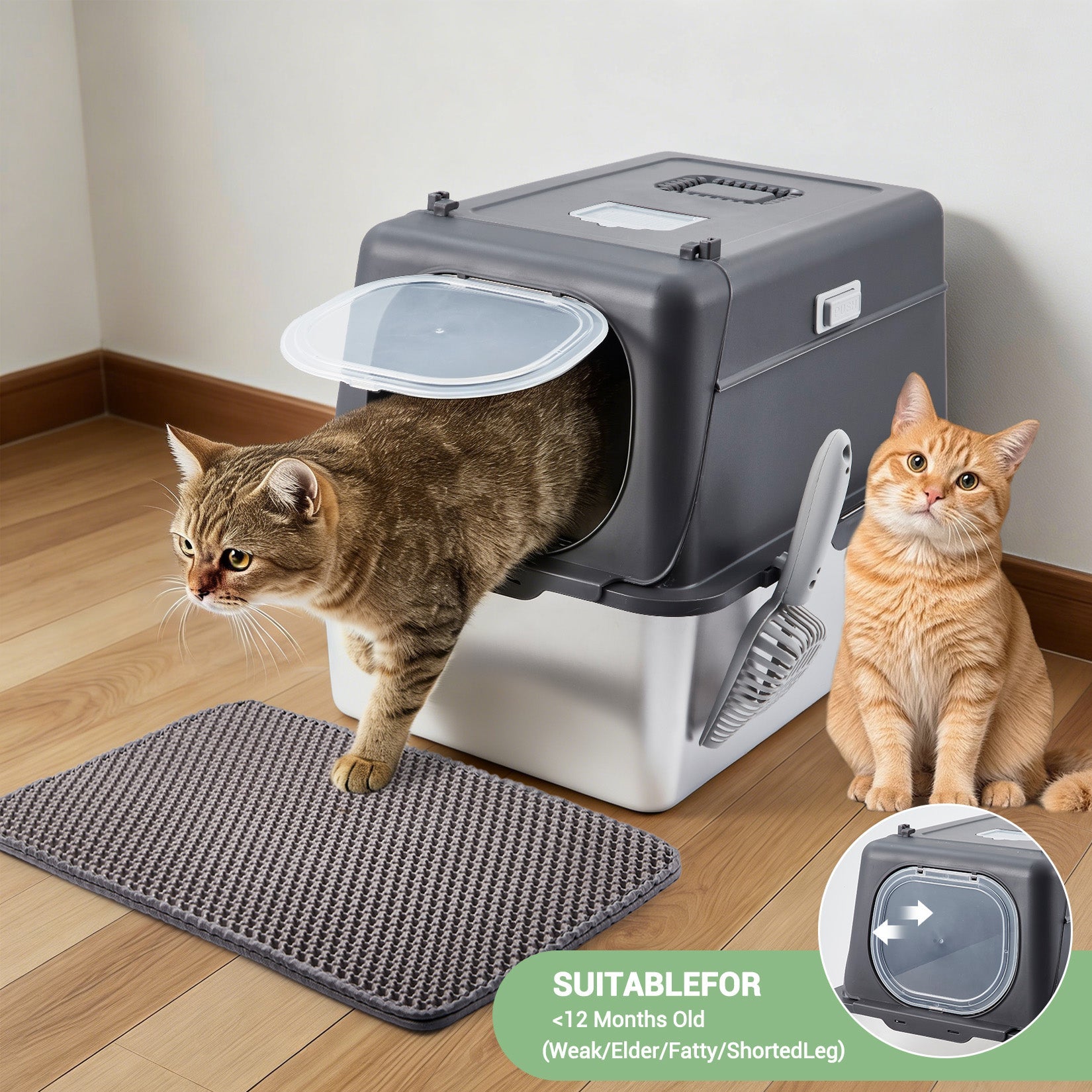 Garvee Stainless Steel Cat Litter Box - Enclosed Design, 15cm Depth, Dark Gray, Durable Cat Litter Container, Cat Toilet Box