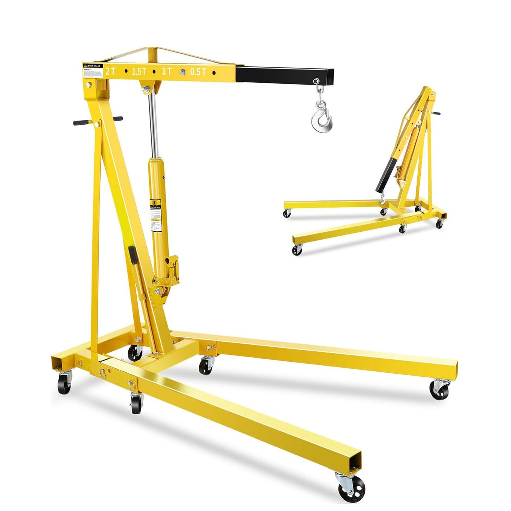Garvee 2-Ton Folding Engine Hoist Hydraulic Crane with 6 Swivel Wheels Adjustable Boom Reinforced Steel Rust-Resistant Portable Garage Workshop Yellow