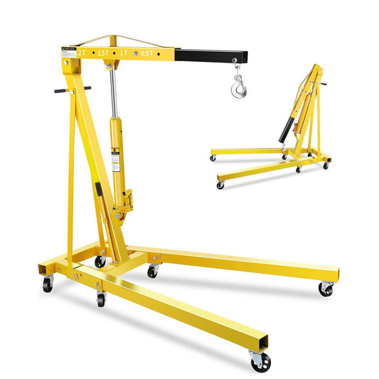 Garvee 2-Ton Folding Engine Hoist Hydraulic Crane with 6 Swivel Wheels Adjustable Boom Reinforced Steel Rust-Resistant Portable Garage Workshop Yellow