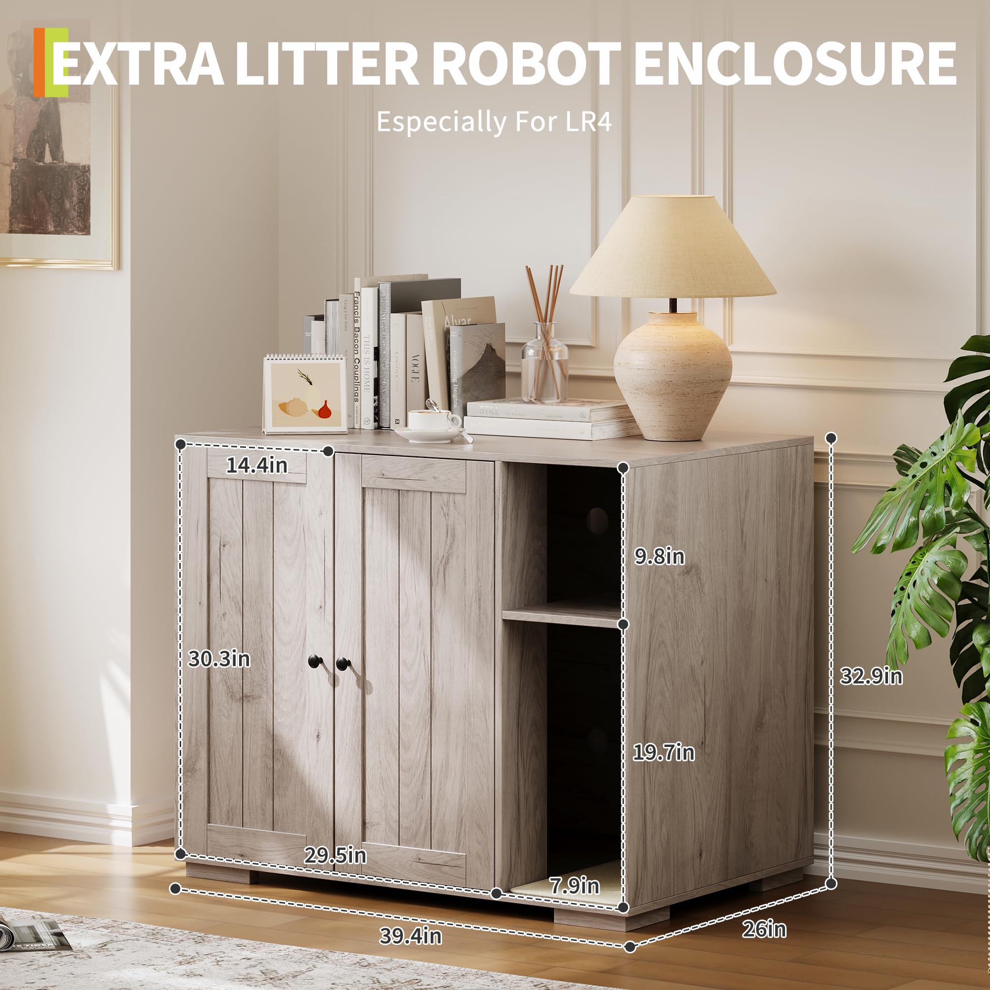 Garvee Dog-Proof Large Cat Litter Box Enclosure with Scratch Pad, Automatic Cleaning, Power Outlet, Wood Material, Dog-Proof Shelf, Spacious Design, Home Use