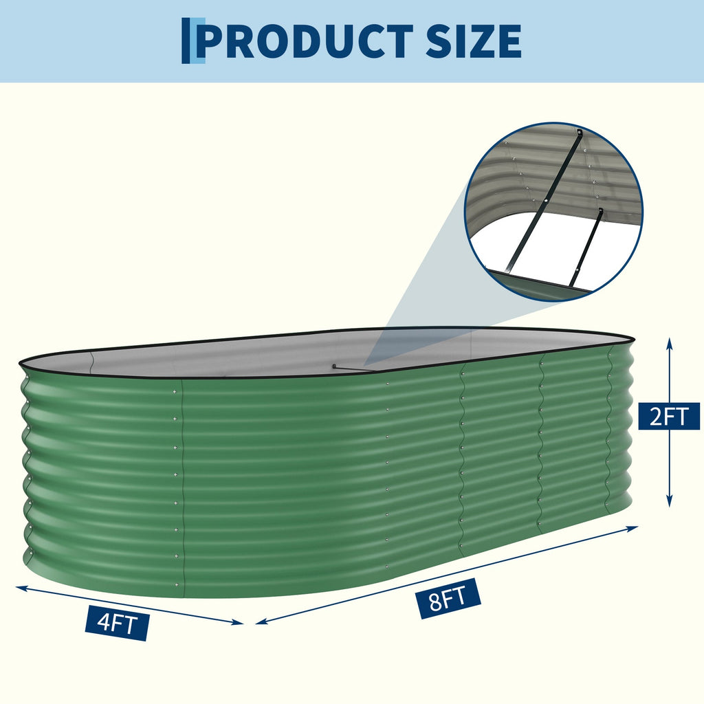 Garvee 8' × 4' × 2' Galvanized Steel Raised Garden Bed, 24-Inch Deep Oval Planter with Open Bottom, Safety Edging & Support Bars, Green