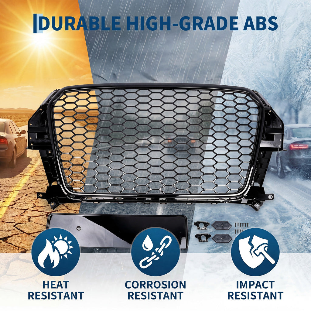 Garvee Glossy Black ABS Central Grille for Audi Q3 2012-2015 – Protective Mesh Guard – Modified GZ.A AD-LK Q3/RS-61 – Without Logo – 1 Set – Color: Glossy Black