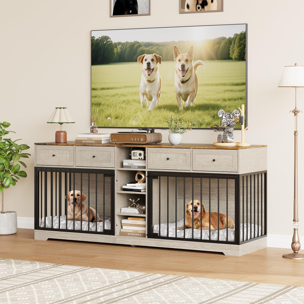 Garvee 82" Large Dog Crate for 2 Dogs, Dog Kennel Indoor with 4 Drawers and Shelves, Heavy Duty Double Dog Crate Furniture TV Stand, Wooden Dog Cage for Medium Large Dogs, Washed White