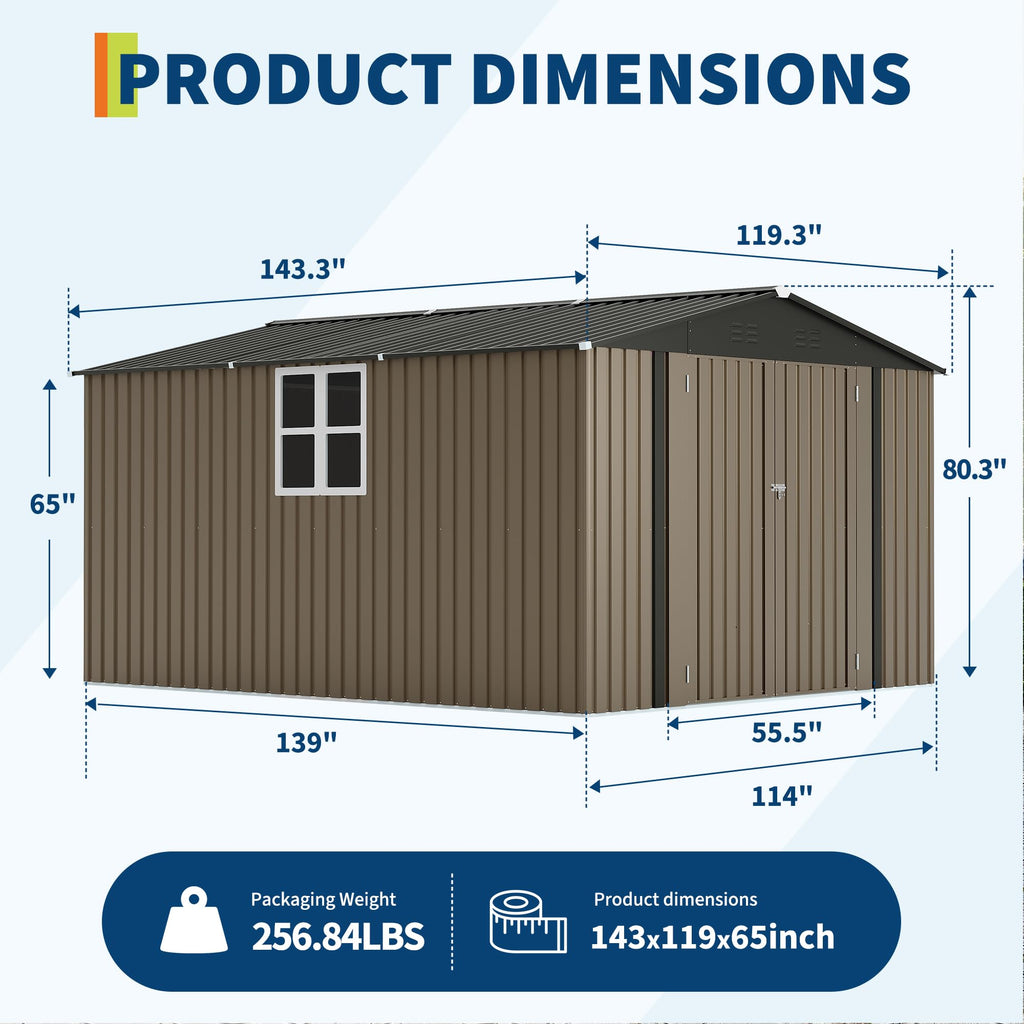 Garvee 10 x 12 FT Outdoor Storage Shed, 143 x 119 x 65 in Galvanized Steel Garden Shed with Lockable Door, Cross Windows and Peaked Roof, Brown