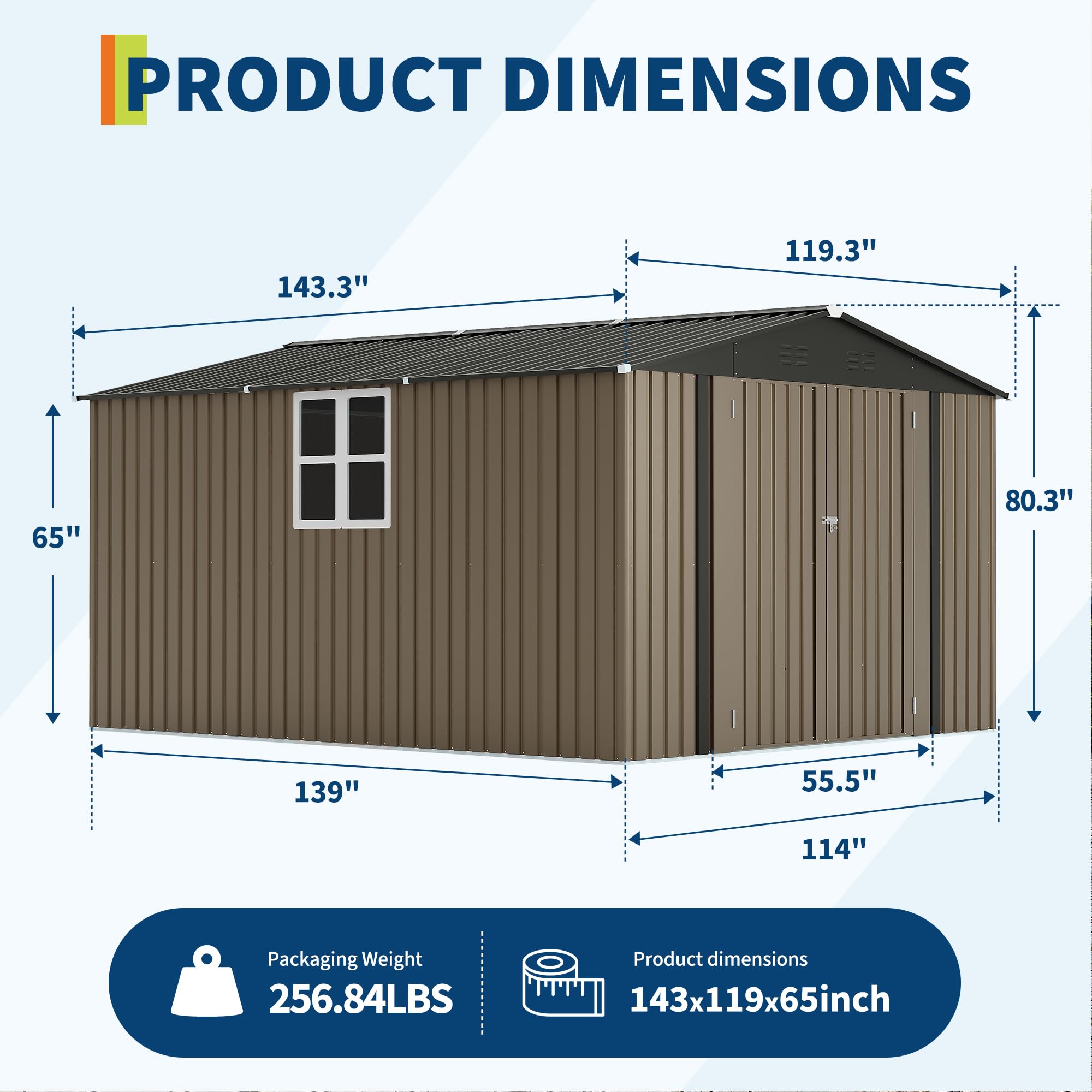 Garvee 10 x 12 FT Outdoor Storage Shed, 143 x 119 x 65 in Galvanized Steel Garden Shed with Lockable Door, Cross Windows and Peaked Roof, Brown