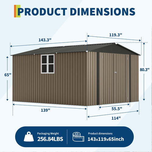 Garvee 10 x 12 FT Outdoor Storage Shed, 143 x 119 x 65 in Galvanized Steel Garden Shed with Lockable Door, Cross Windows and Peaked Roof, Brown