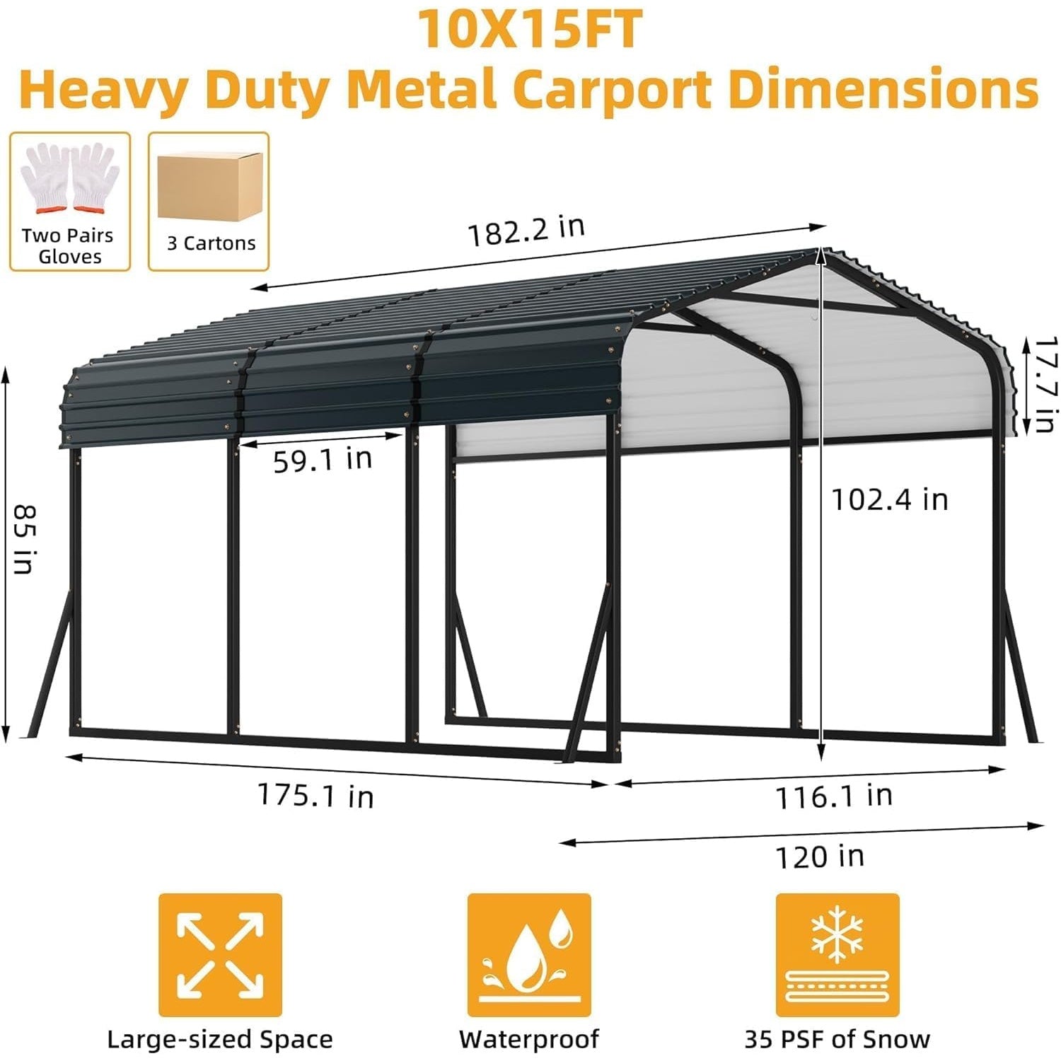 Garvee Heavy Duty 10x15 FT Metal Carport – Outdoor Garage Shelter with Galvanized Steel Roof, Reinforced Base, for SUV, Truck, Boat, Storage – Gray