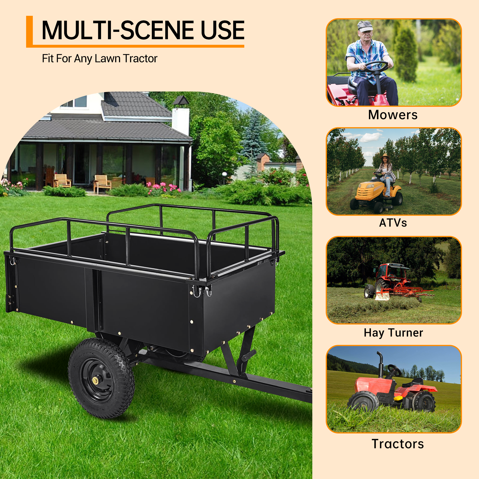 Garvee Tow-Behind Dump Cart for ATV, UTV and Lawn Tractor, 750 lbs Capacity, 15 Cu. Ft. Steel Trailer with Removable Sides and All-Terrain Tires