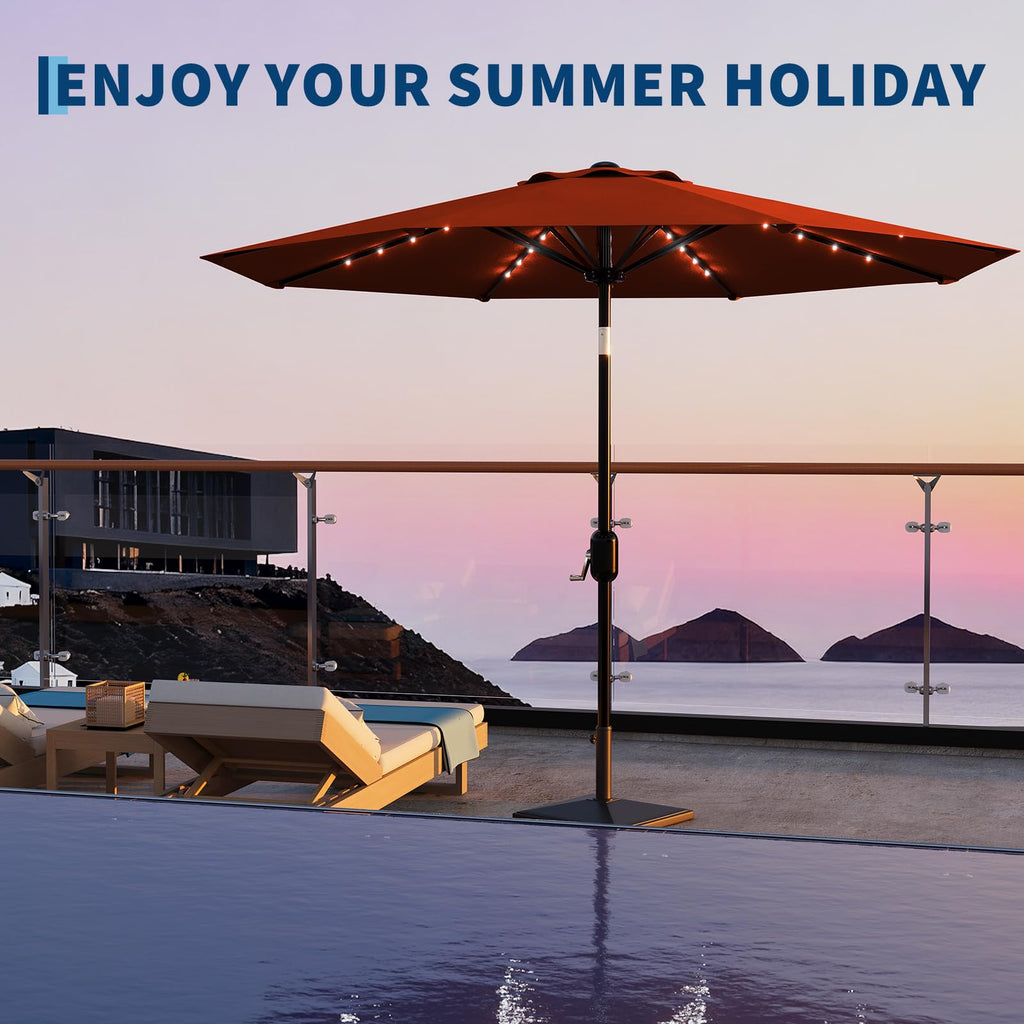 Garvee 10 FT Patio Umbrella with Solar Lights, Outdoor Table Umbrella with 8 Durable Ribs, Tilt & Crank Mechanism, Waterproof & UV Protection for Garden, Backyard, Poolside, Orange