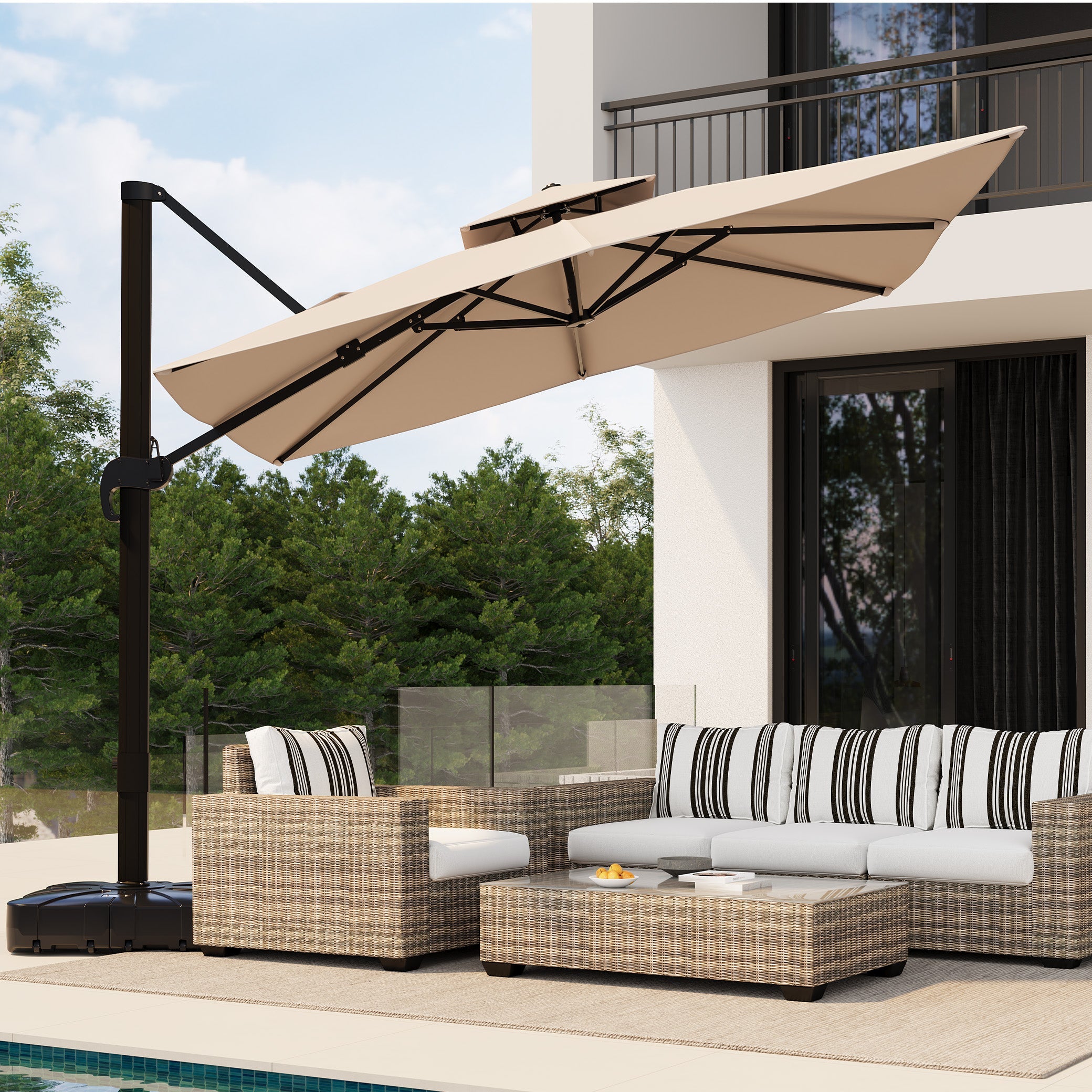 Garvee 10' × 10' Cantilever Patio Umbrella, 360° Rotating Aluminum Offset Umbrella with Adjustable Height, Khaki, Base Not Included