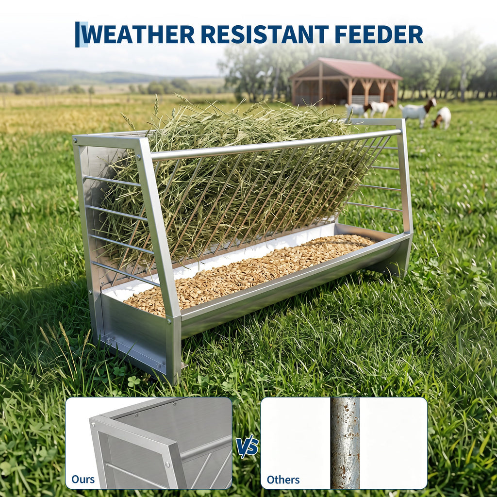 Garvee 5 ft Pasture Hay Feeder - Heavy Duty Galvanized Steel 2-in-1 Freestanding Livestock Hay & Grain Feeder, 60 Gallon Large Capacity for Goats, Sheep, Ponies & Alpacas (Silver)