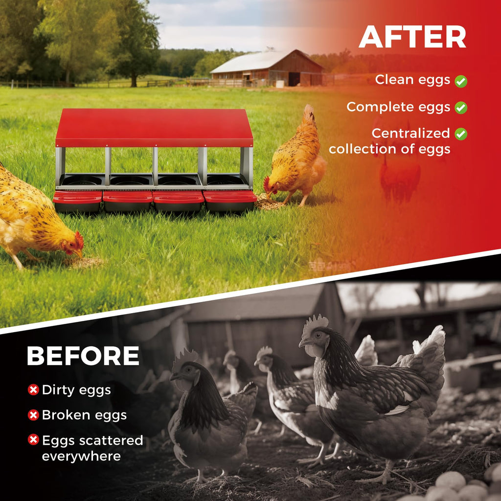 Garvee 4-Hole Metal Chicken Nesting Boxes for Chicken Coop, Roll Away Poultry Laying Box with Sloped Anti-Perch Roof, Removable Trays with Protective Flip Covers for Clean Automatic Egg Collection, Red & Silver (41.7" L x 18.9" W x 18.5" H)