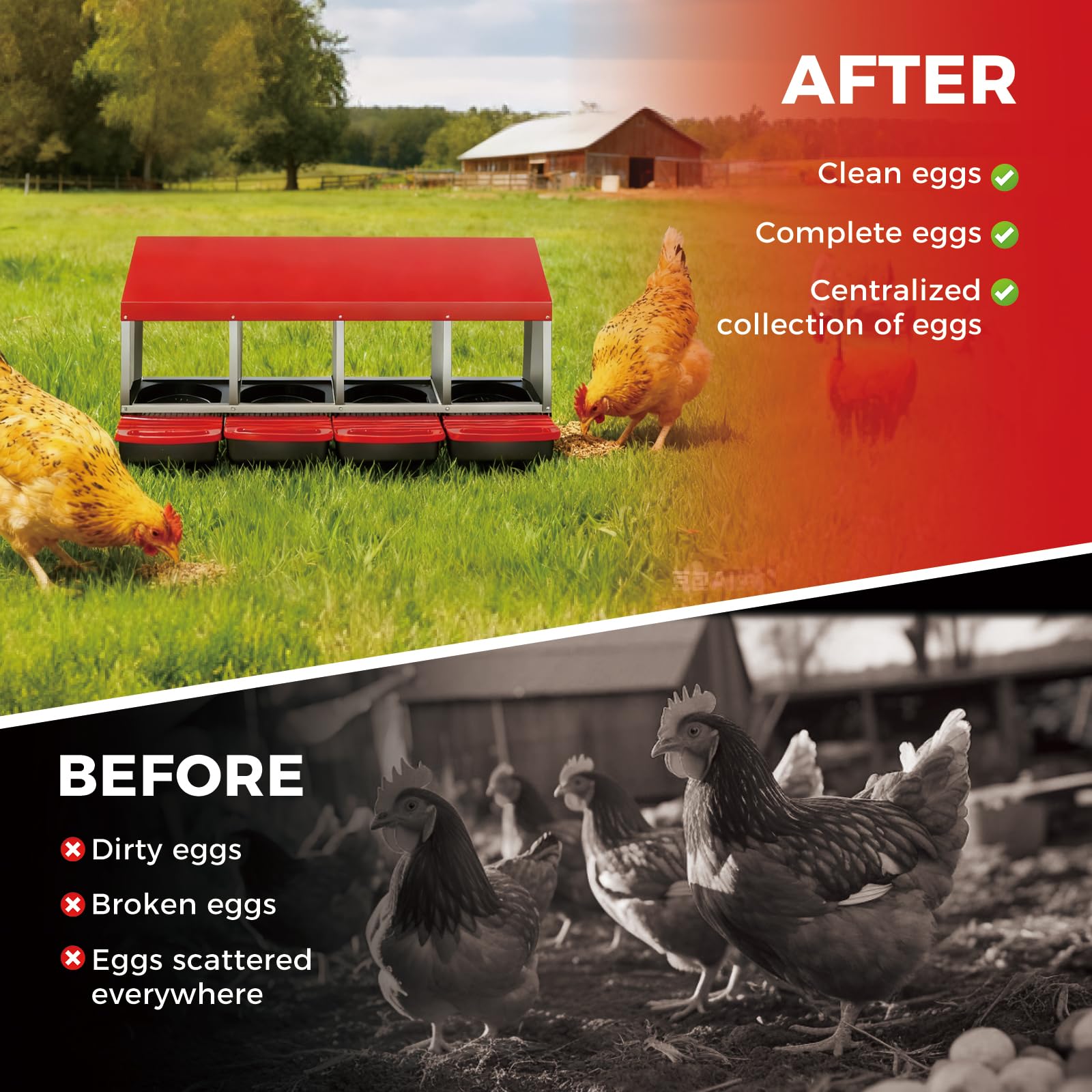 Garvee 4-Hole Metal Chicken Nesting Boxes for Chicken Coop, Roll Away Poultry Laying Box with Sloped Anti-Perch Roof, Removable Trays with Protective Flip Covers for Clean Automatic Egg Collection, Red & Silver (41.7" L x 18.9" W x 18.5" H)