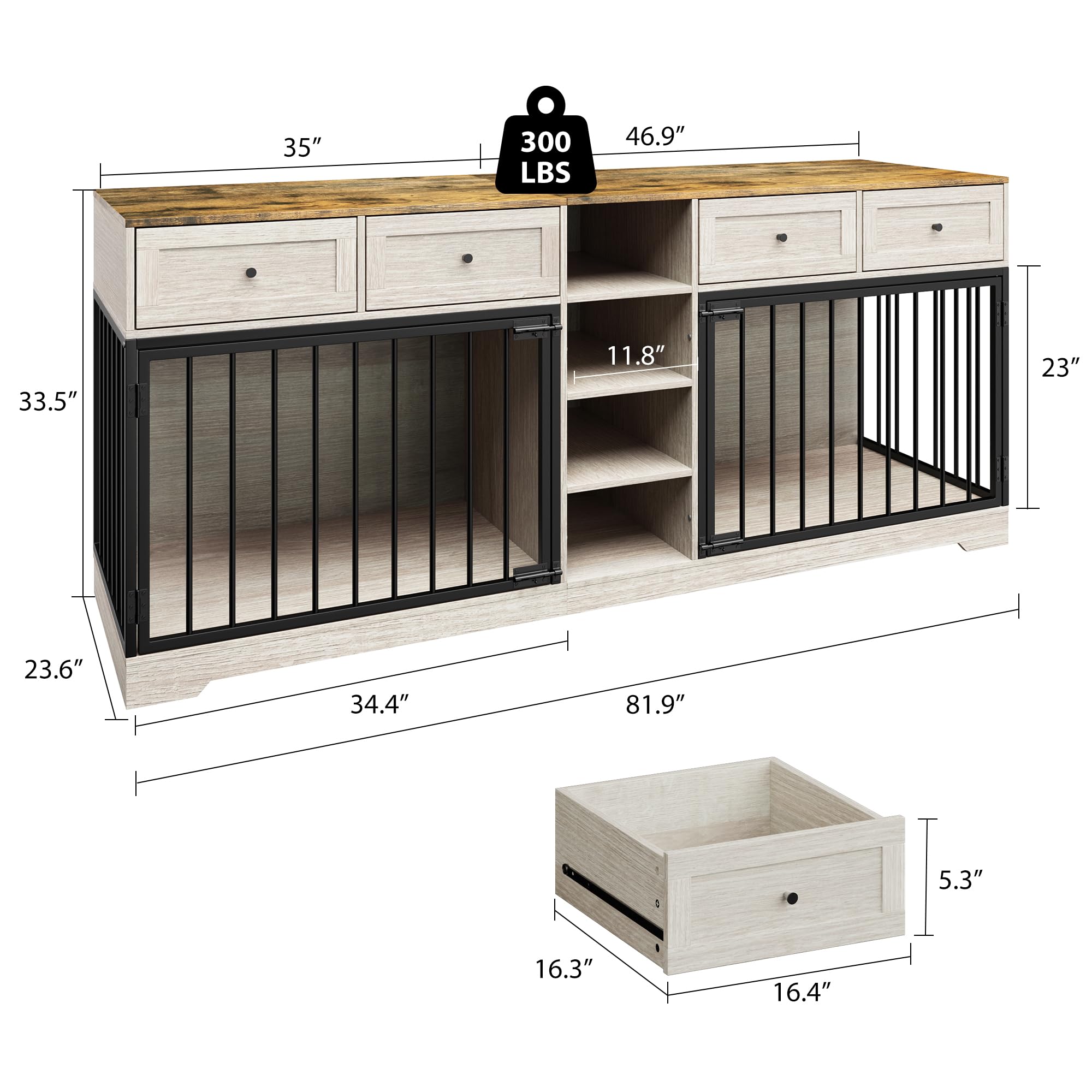 Garvee 82" Large Dog Crate for 2 Dogs, Dog Kennel Indoor with 4 Drawers and Shelves, Heavy Duty Double Dog Crate Furniture TV Stand, Wooden Dog Cage for Medium Large Dogs, Washed White