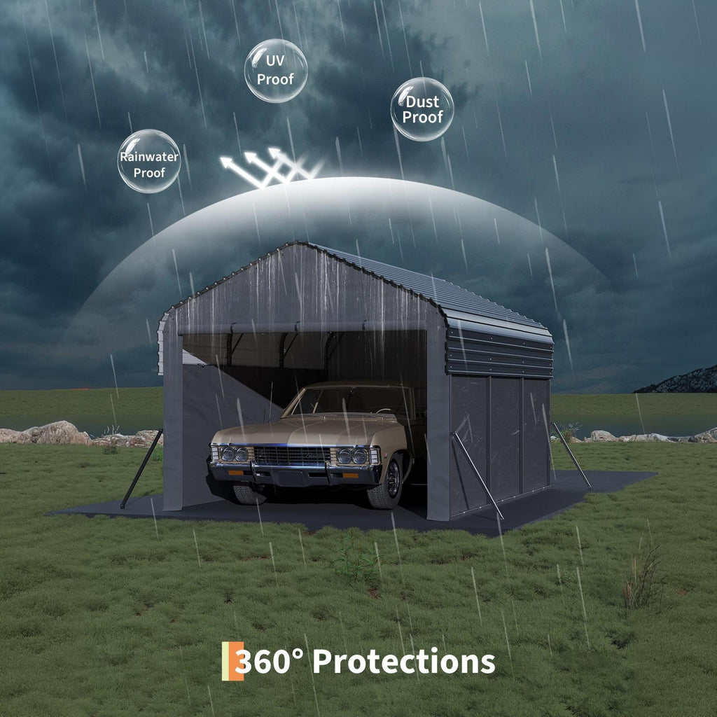 Garvee Enclosed Metal Carport 10×15 ft, 220g PE Tarp, 1.6" 19-Gauge Steel Frame, 106" H Outdoor Shelter for Sedans Boats Tractors