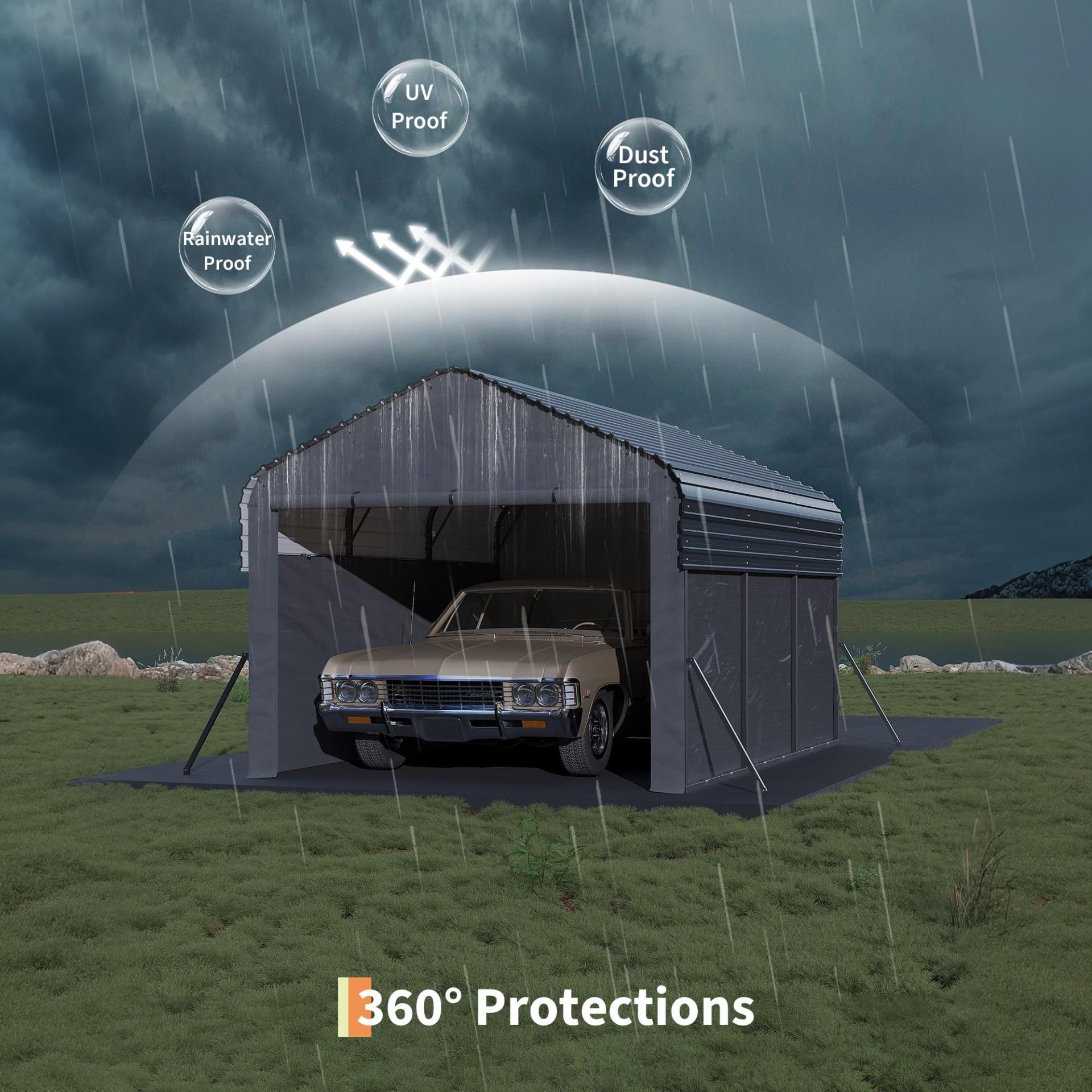 Garvee Enclosed Metal Carport 10×15 ft, 220g PE Tarp, 1.6" 19-Gauge Steel Frame, 106" H Outdoor Shelter for Sedans Boats Tractors