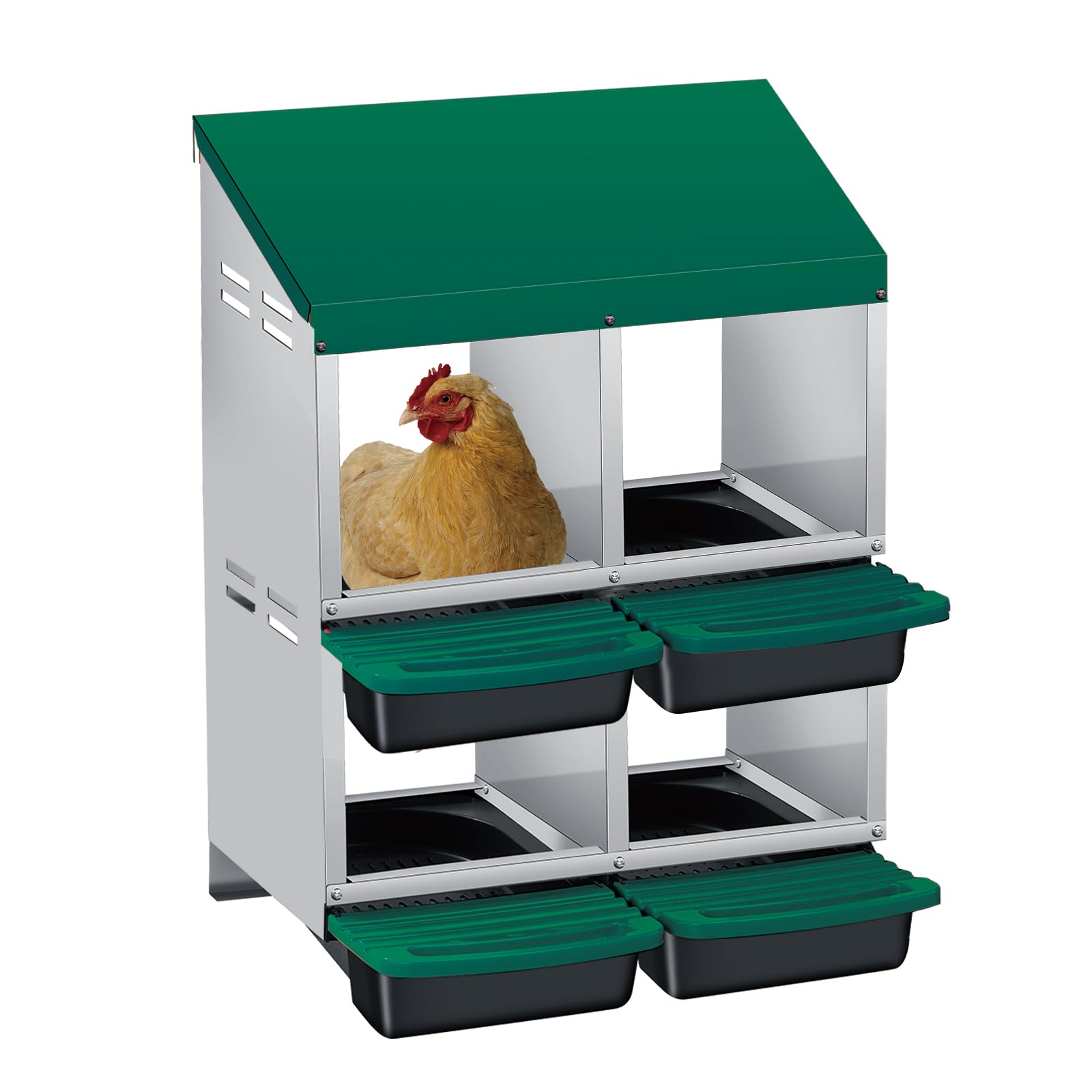 Garvee 4-Compartment 2-Tier Chicken Nesting Box – Roll-Away Tray & Support Stand, Green