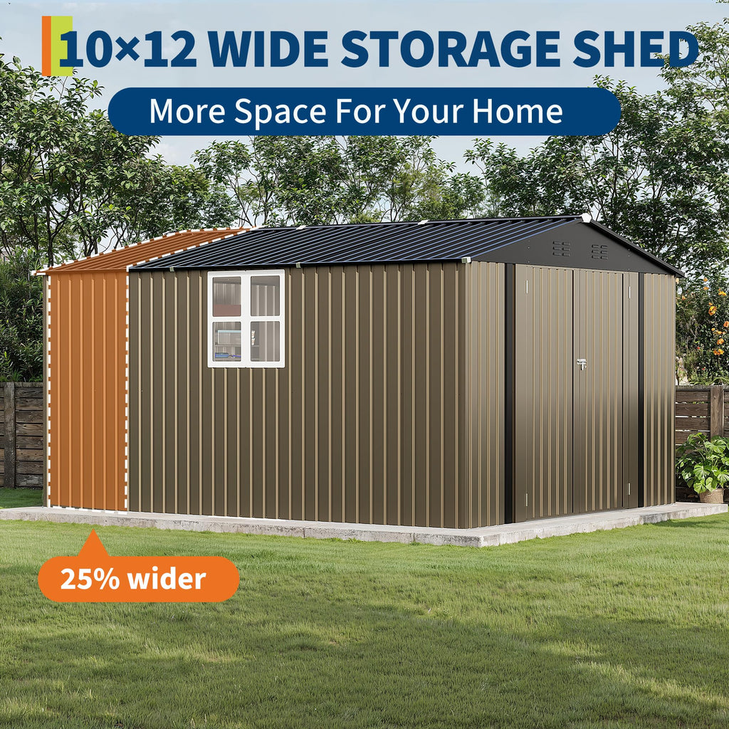 Garvee 10 x 12 FT Outdoor Storage Shed, 143 x 119 x 65 in Galvanized Steel Garden Shed with Lockable Door, Cross Windows and Peaked Roof, Brown