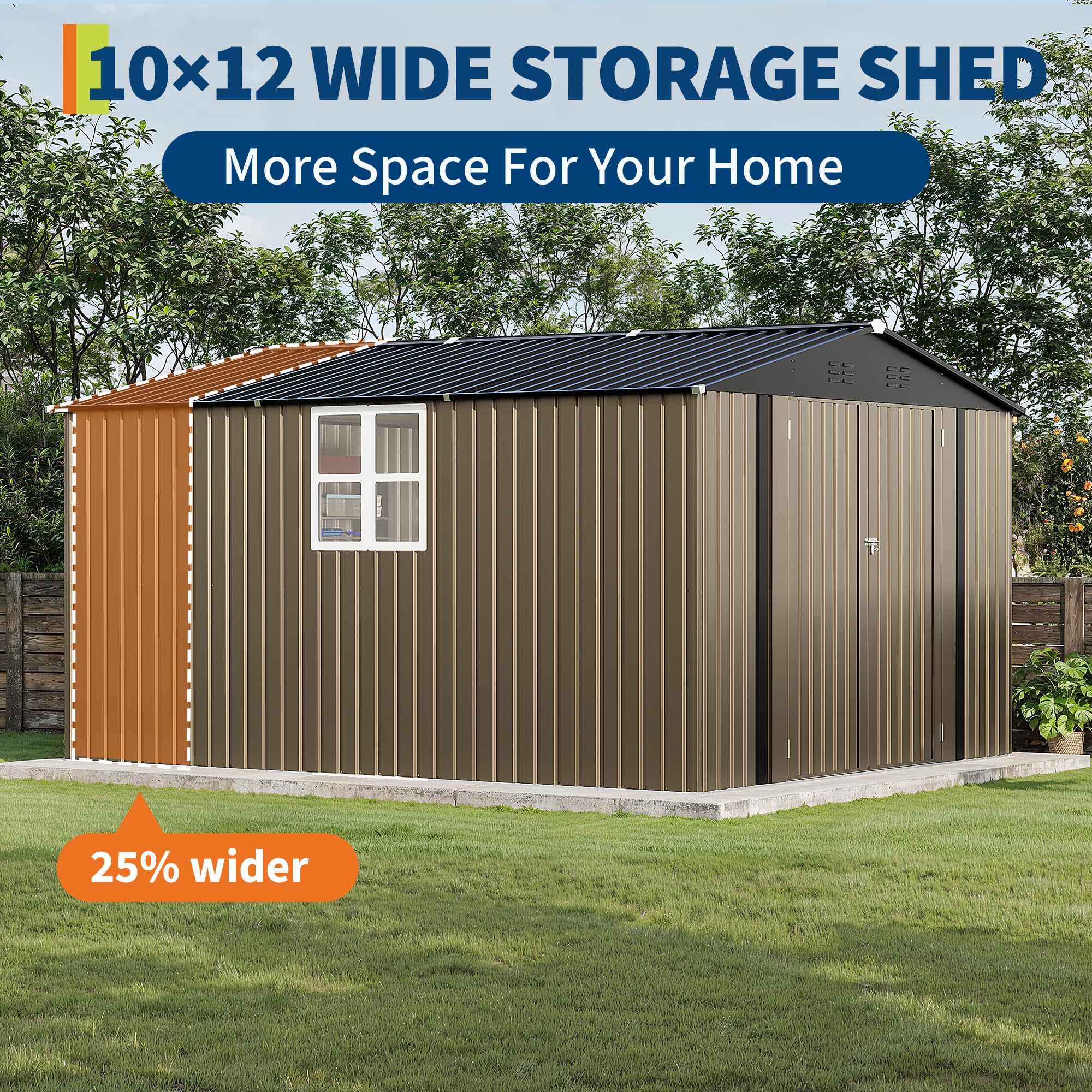 Garvee 10 x 12 FT Outdoor Storage Shed, 143 x 119 x 65 in Galvanized Steel Garden Shed with Lockable Door, Cross Windows and Peaked Roof, Brown