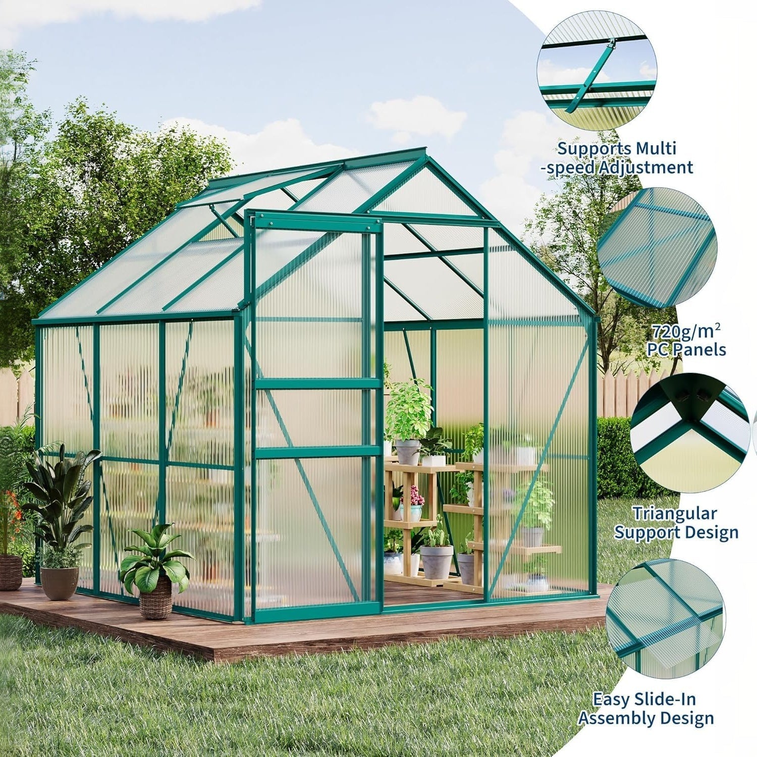 Garvee 6x6 FT Green Heavy Duty Polycarbonate Greenhouse – Aluminum Frame, Lockable Sliding Door, Adjustable Roof Vent, Rain Gutter, All-Weather Walk-In Design, Easy Setup for Backyard, Patio