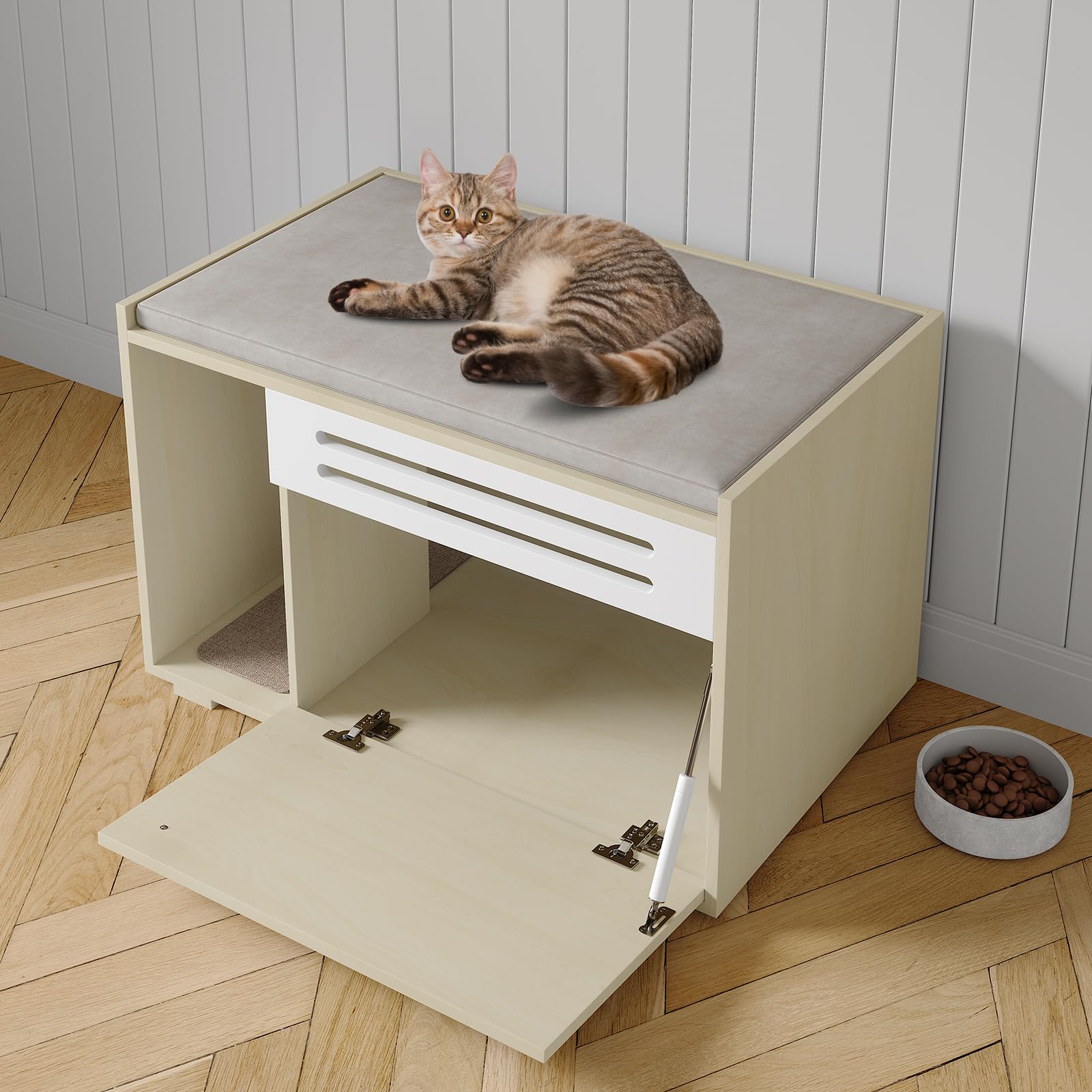 Garvee Dog-Proof & Ventilated Cat Litter Box Enclosure Furniture – Spacious Modern Hidden Wood Cabinet with Turn-Down Door, Easy to Clean, Indoor Pet Privacy House – Wood Color