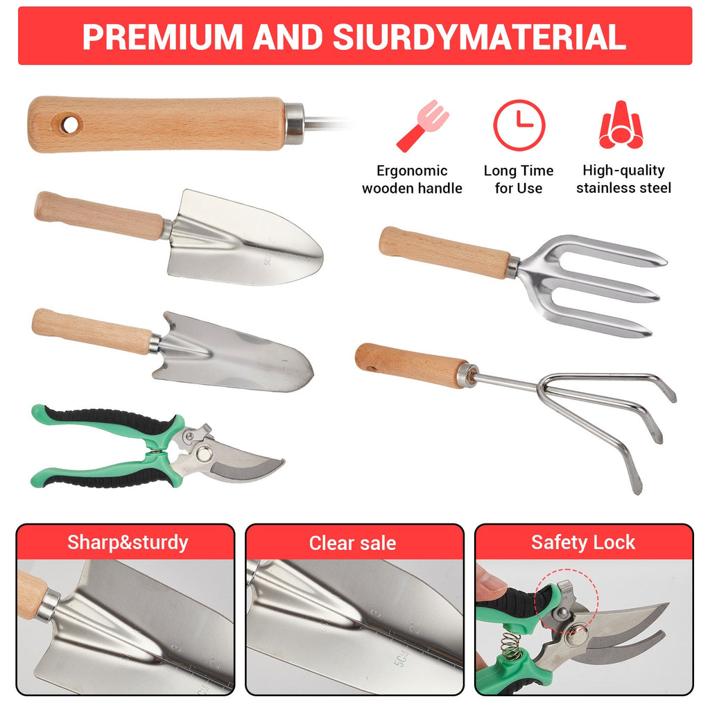 Garvee 10-Piece Garden Tool Set, Heavy Duty Stainless Steel Hand Tools with Wooden Handles, Includes Pruning Shears, Gloves, Tote Bag & Repotting Mat – Gardening Kit for Planting, Weeding & Gift Use