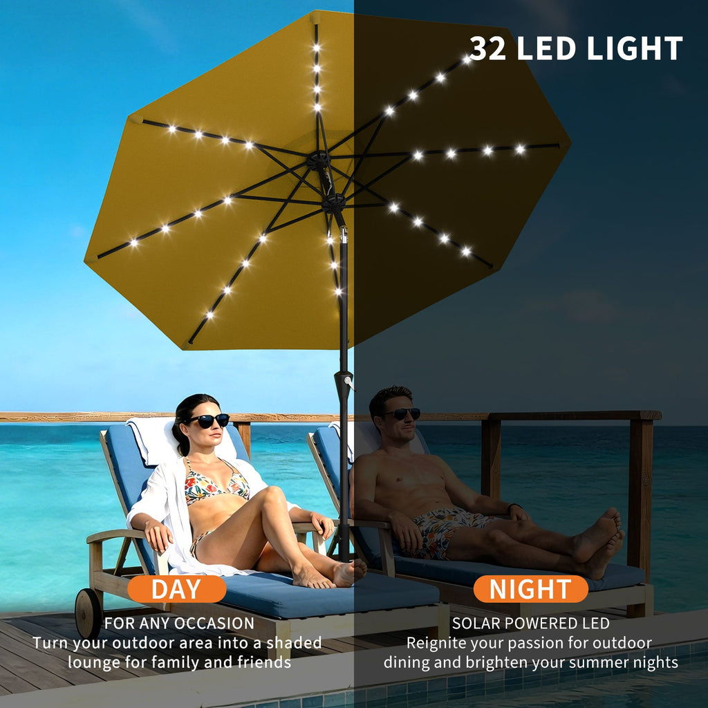 Garvee 9FT Solar LED Patio Umbrella, Waterproof Outdoor Market Table Umbrella with 8 Ribs, Crank Lift, Push Button Tilt, UV Protection for Garden, Pool & Deck, Yellow