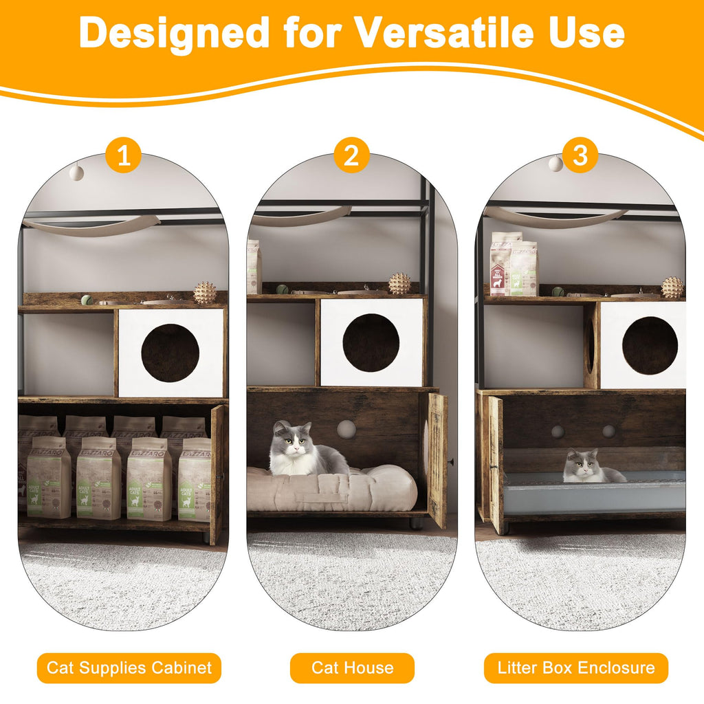 Garvee Modern Hidden Cat Litter Box Enclosure with Storage Rack, Indoor Enclosed Cat Furniture, Hammock, Sisal Balls, Scratching Mat, Multi-Level Private Cat House, Gray