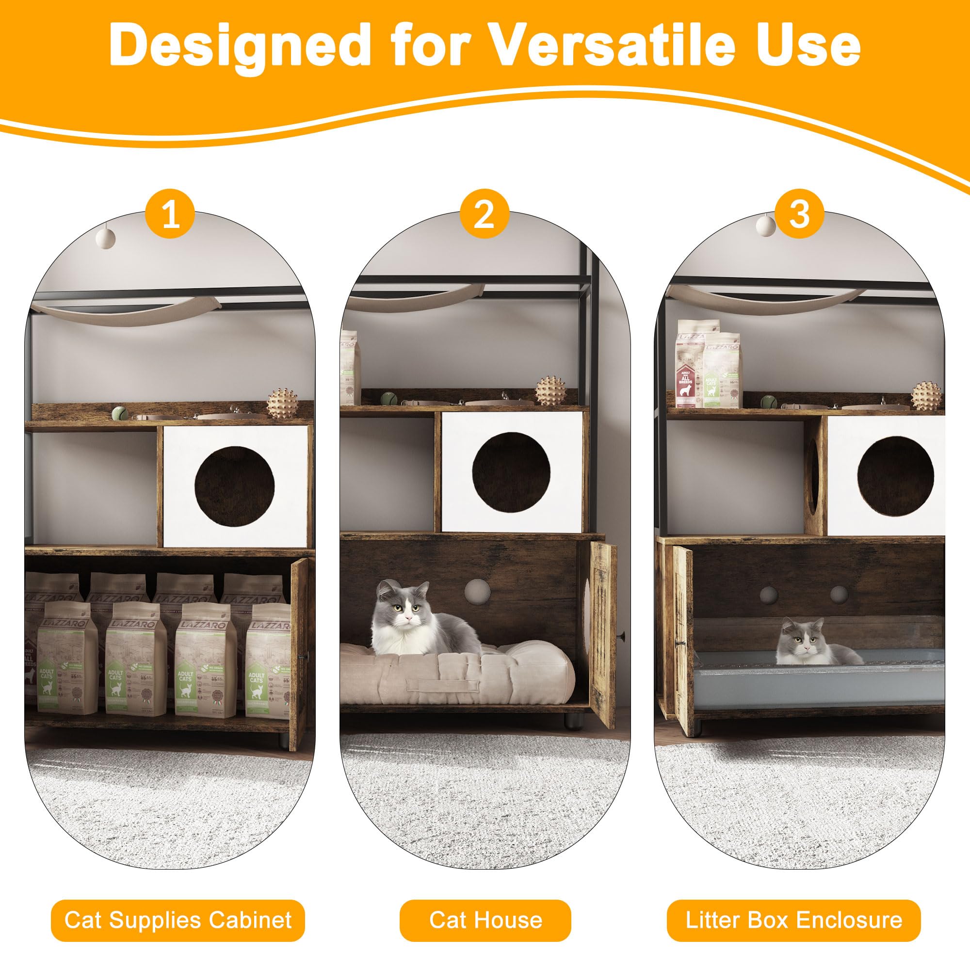 Garvee Modern Hidden Cat Litter Box Enclosure with Storage Rack, Indoor Enclosed Cat Furniture, Hammock, Sisal Balls, Scratching Mat, Multi-Level Private Cat House, Gray