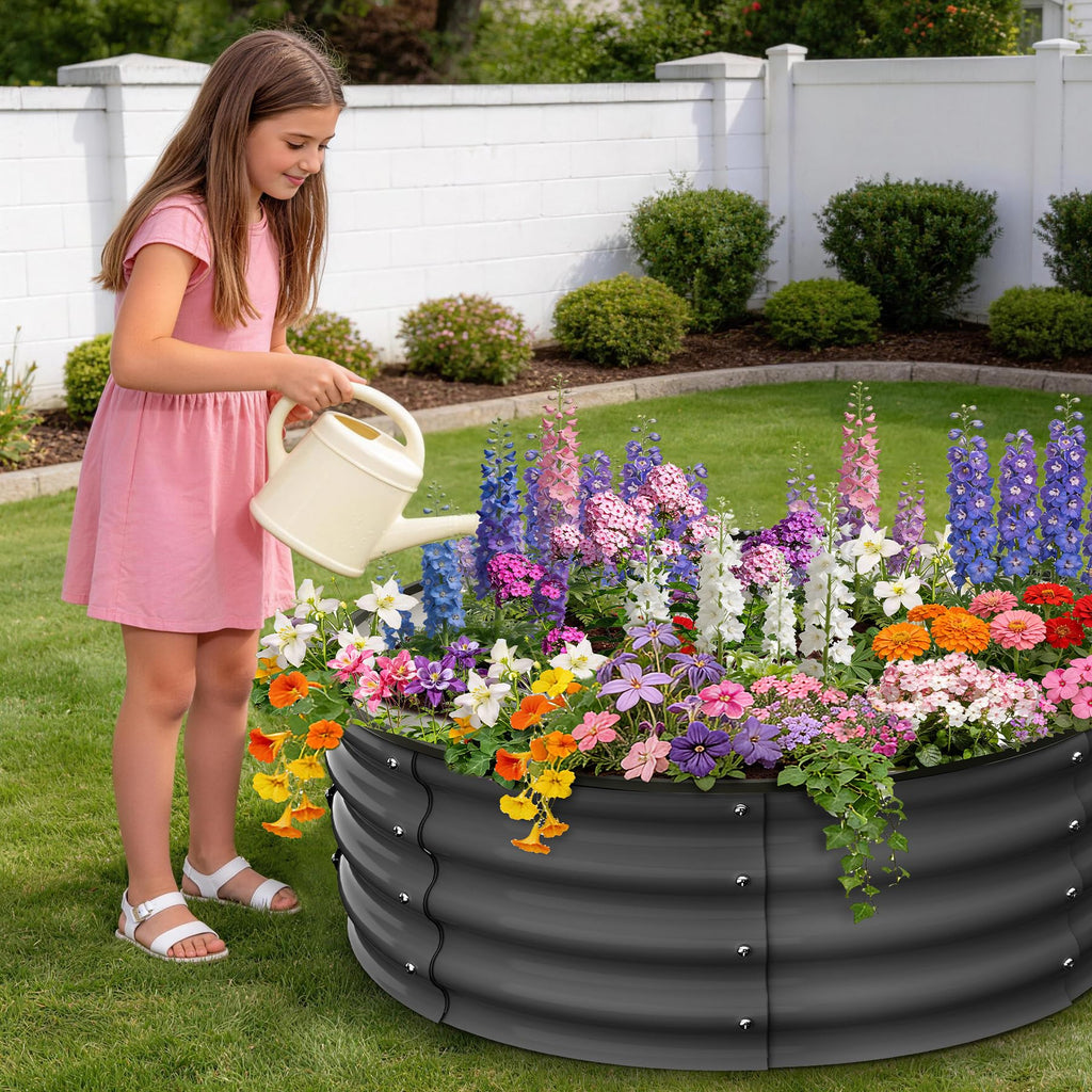 Garvee Round Galvanized Raised Garden Bed 3x3x1FT Heavy Duty Metal Planter Open Bottom Design Weather Resistant Anti-Rust Circular Wave Shape for Vegetables