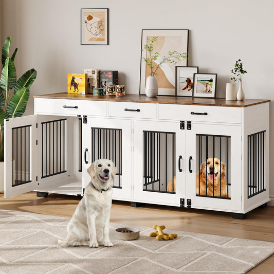 Garvee 71-Inch Large Dog Crate with Divider and 3 Drawers, Spacious Wooden Indoor Kennel, Double Doors with Locks, Brown & White, for Medium Large Dogs, Home Use