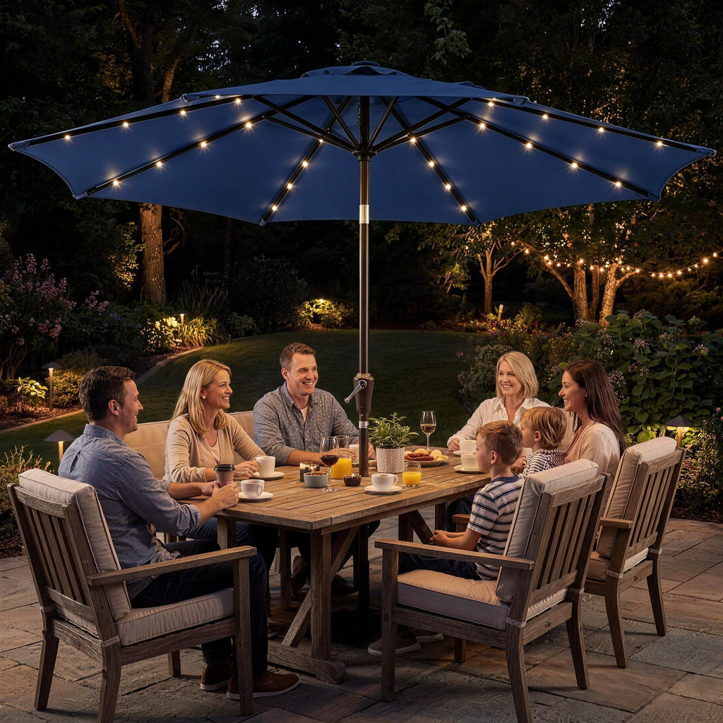 Garvee 10 FT Solar LED Patio Umbrella with 32 Lights, Round Outdoor Market Umbrella with Crank Lift, Push-Button Tilt and 8 Iron Ribs for Table, Deck and Pool, Navy Blue