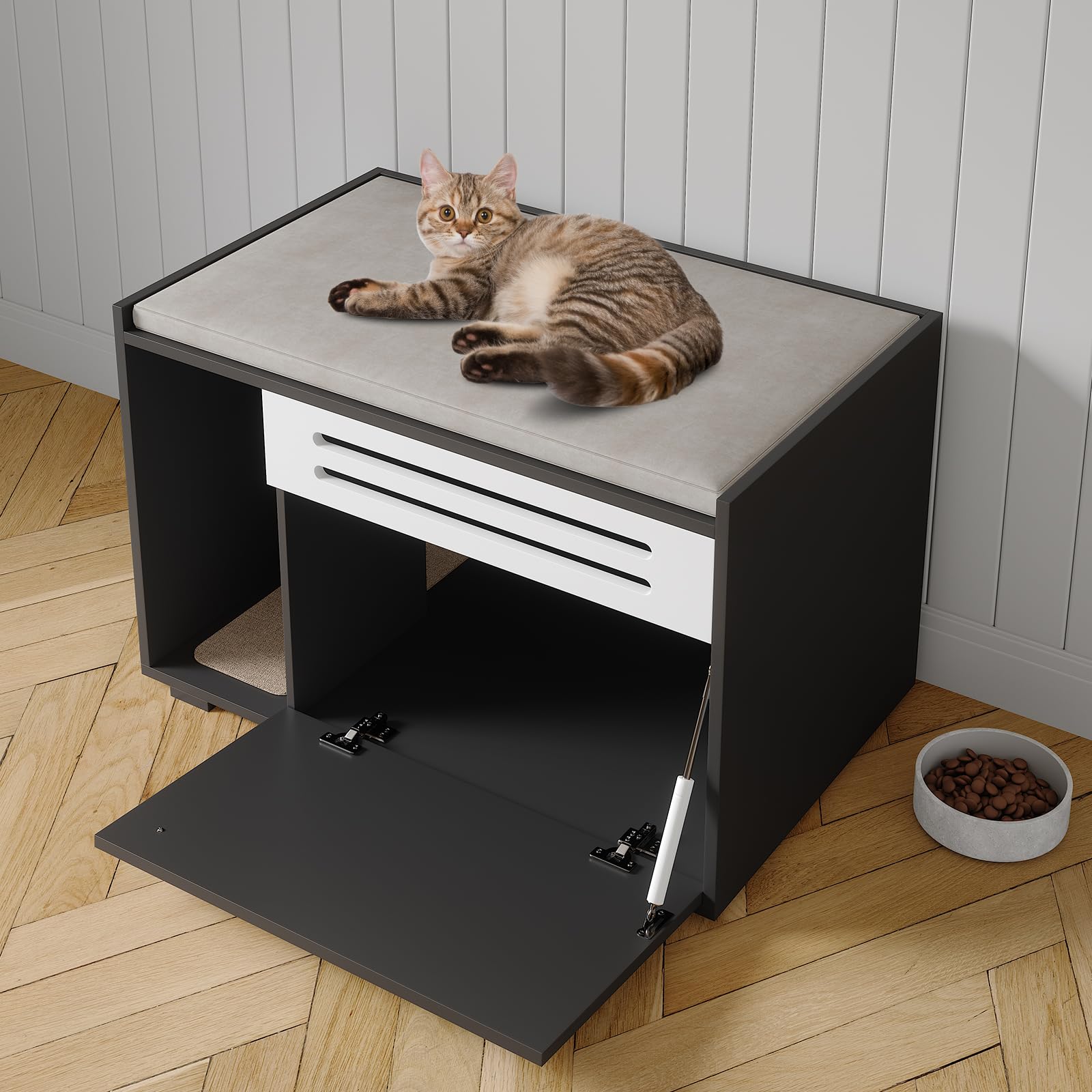 Garvee Dog-Proof & Ventilated Cat Litter Box Enclosure Furniture – Large Modern Hidden Cabinet with Turn-Down Door, Easy to Clean, Indoor Cat Privacy House – Black