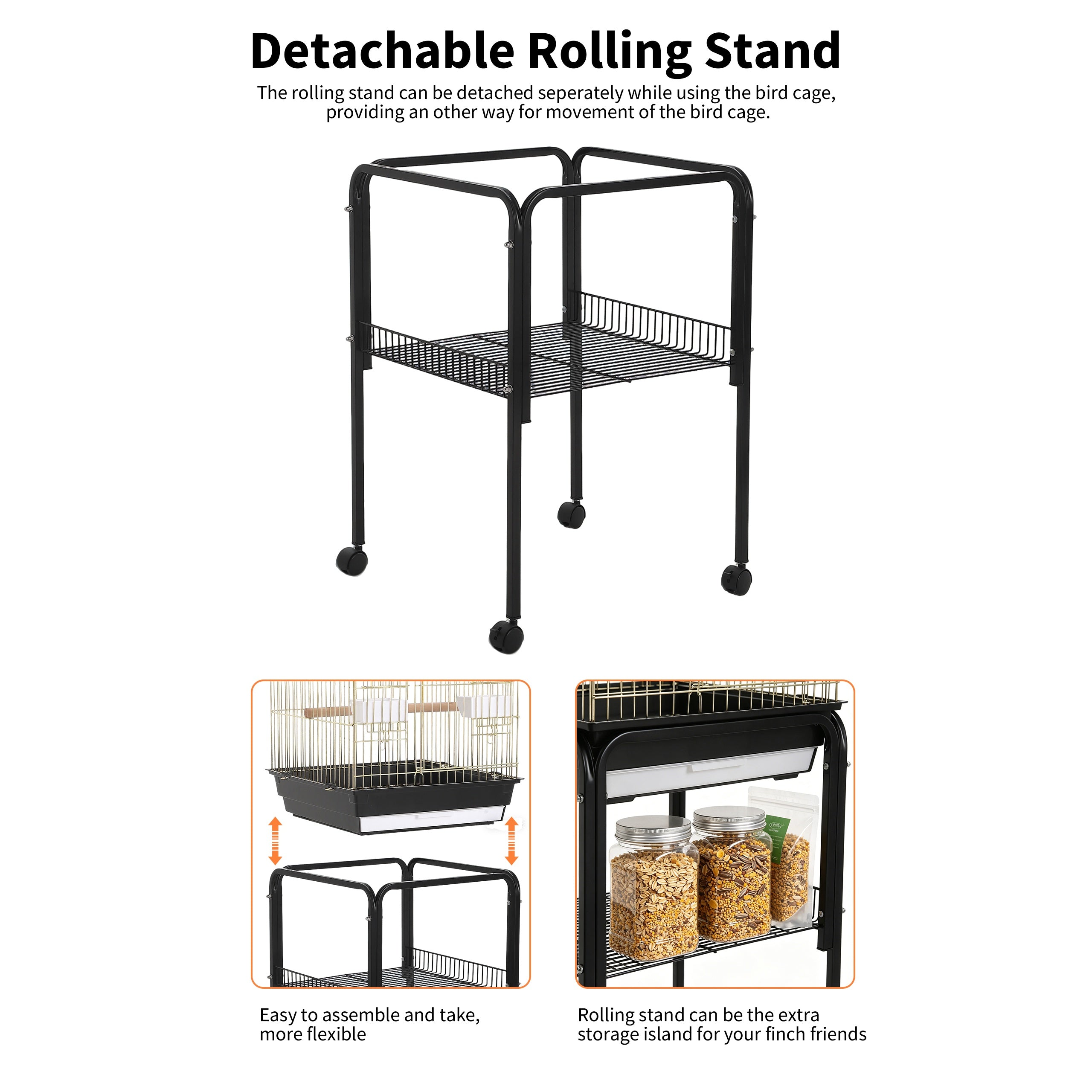 Garvee Large Open-Top Bird Cage with Rolling Stand – Removable Tray, Extra Storage, Breakable Casters, Indoor/Outdoor Use – Black Frame Gold Cage Body, Model 1038+10#