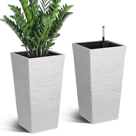 Garvee Self Watering Tall Planters Set of 2, 22.5" Front Porch Planter Pots with 11.7" Opening, Water Level Monitor & Drainage Holes for Indoor Outdoor Plants, White