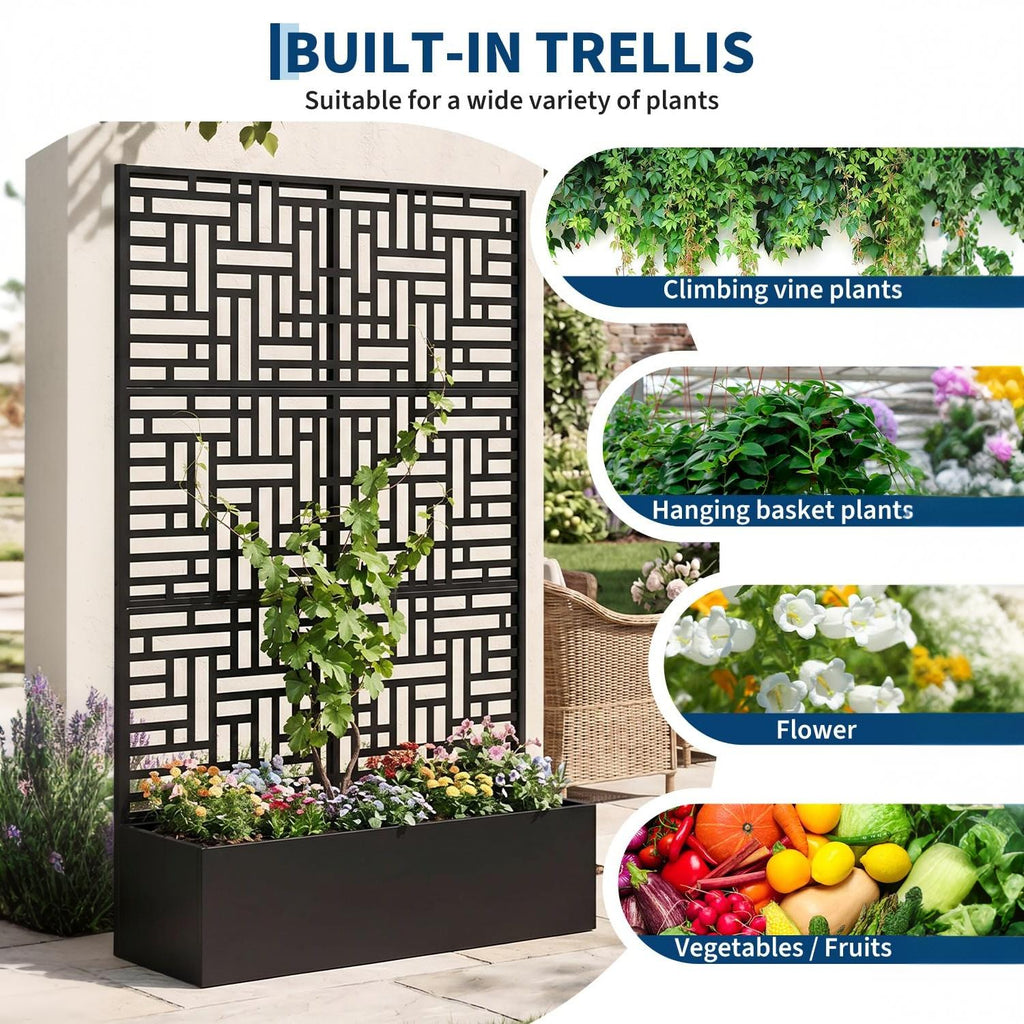 Garvee Raised Planter Box with Trellis for Climbing Plants, 71 in All-Weather Metal Garden Bed with Privacy Screen, Drainage Holes and Black Louvered Panel