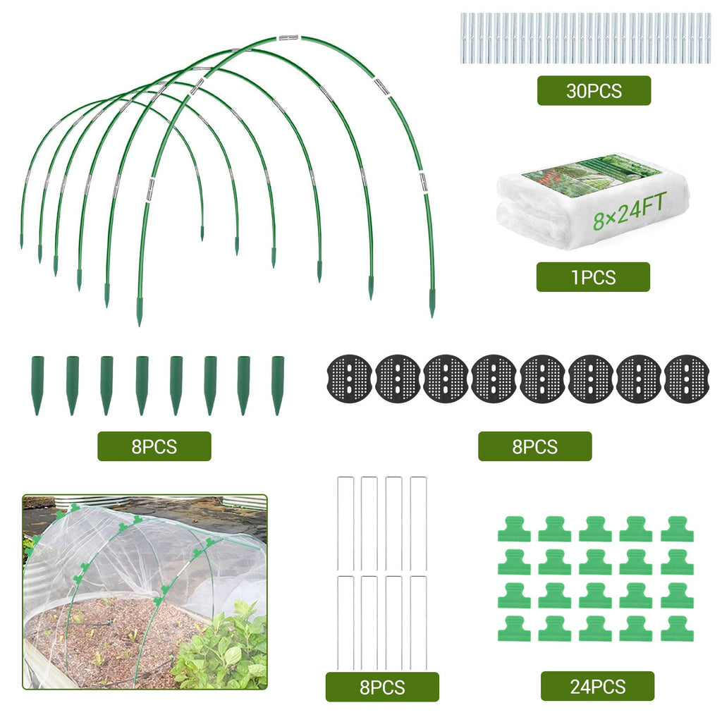 Garvee Garden Netting Kit for Raised Beds and Vegetable Plants, 8 × 24 FT Fine Mesh Cover with 5 Fiberglass Hoops and 20 Clips